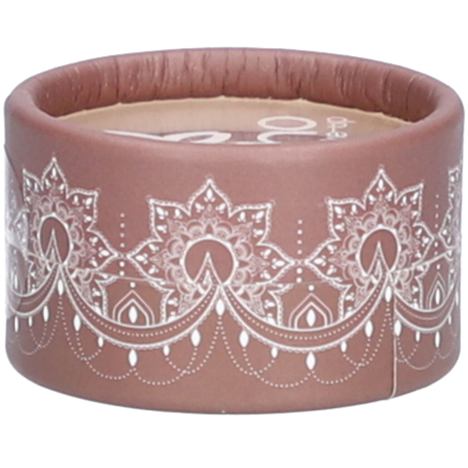 Ronde bruine houder met wit bloemmotief. Wit logo op deksel. Cosmeticaverpakking.