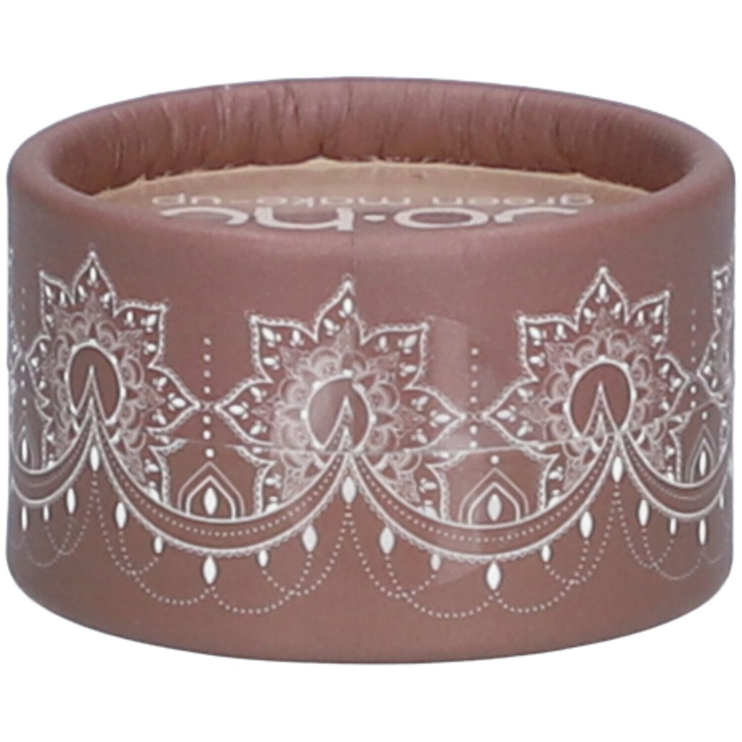 Ronde bruine houder met wit bloemmotief. Wit logo op deksel. Cosmeticaverpakking.