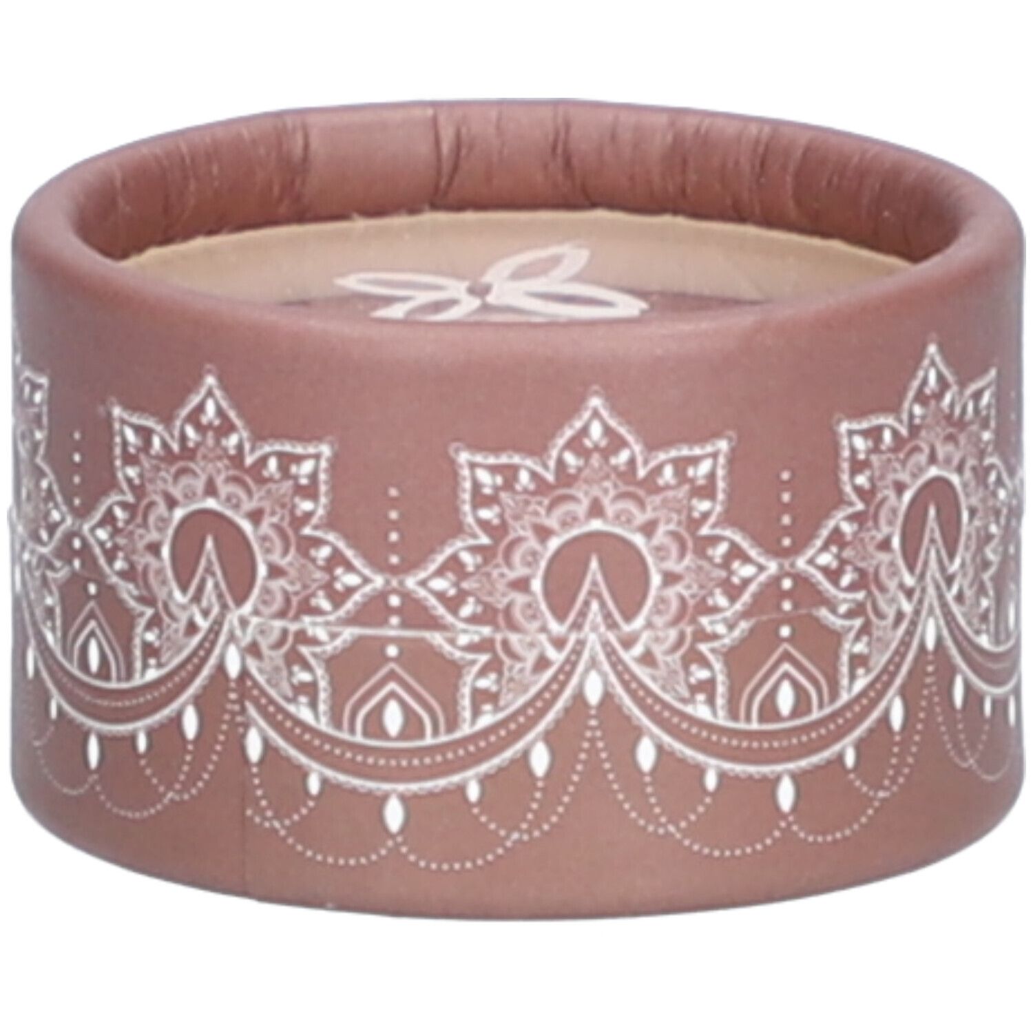 Ronde bruine houder met wit bloemmotief. Wit logo op deksel. Cosmeticaverpakking.