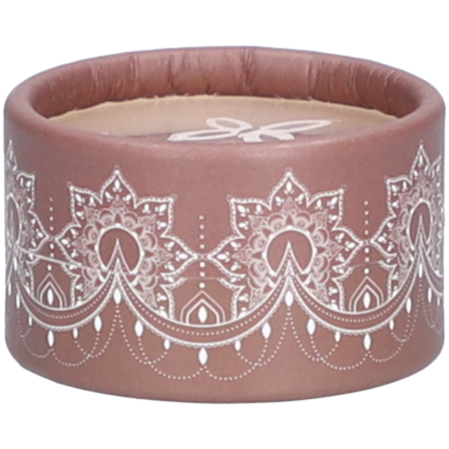 Ronde bruine houder met wit bloemmotief. Wit logo op deksel. Cosmeticaverpakking.