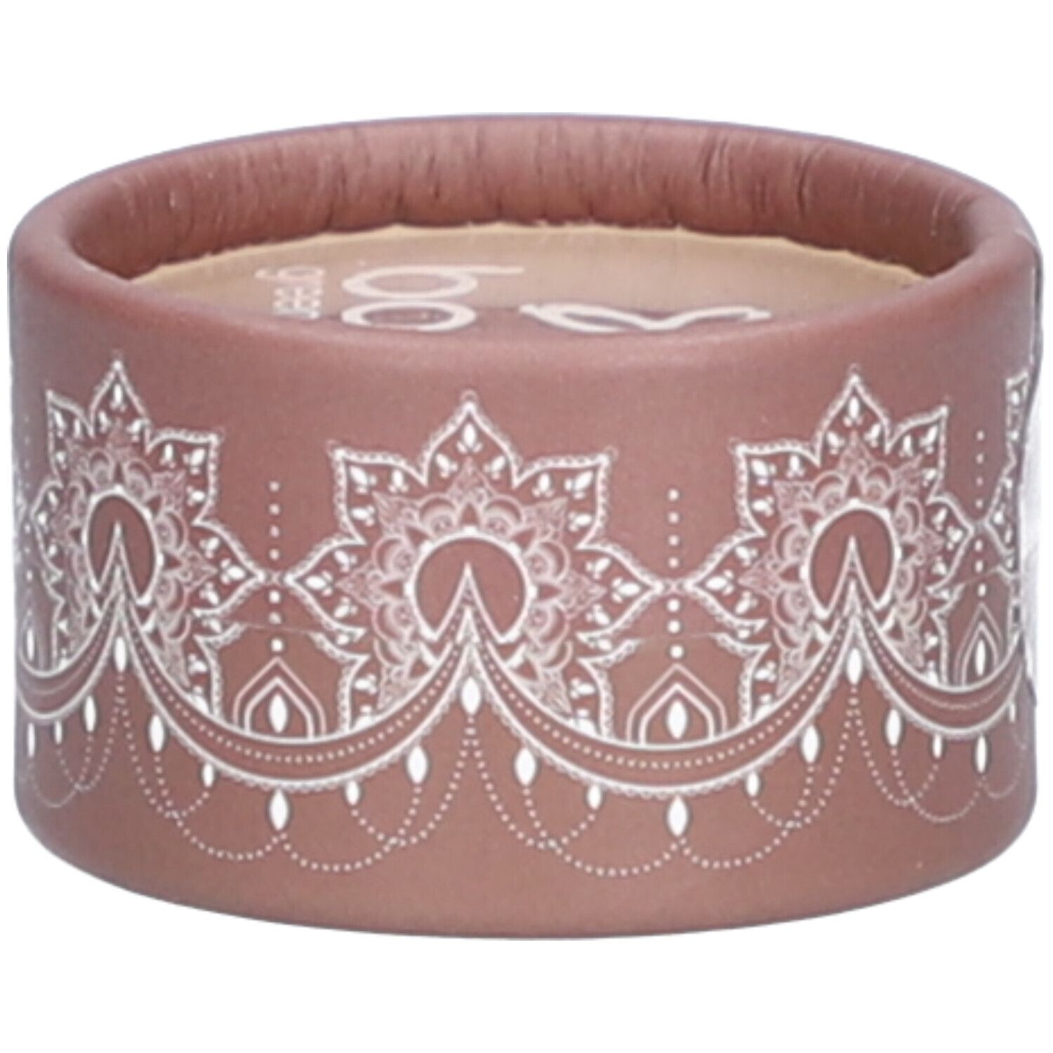 Ronde bruine houder met wit bloemmotief. Wit logo op deksel. Cosmeticaverpakking.