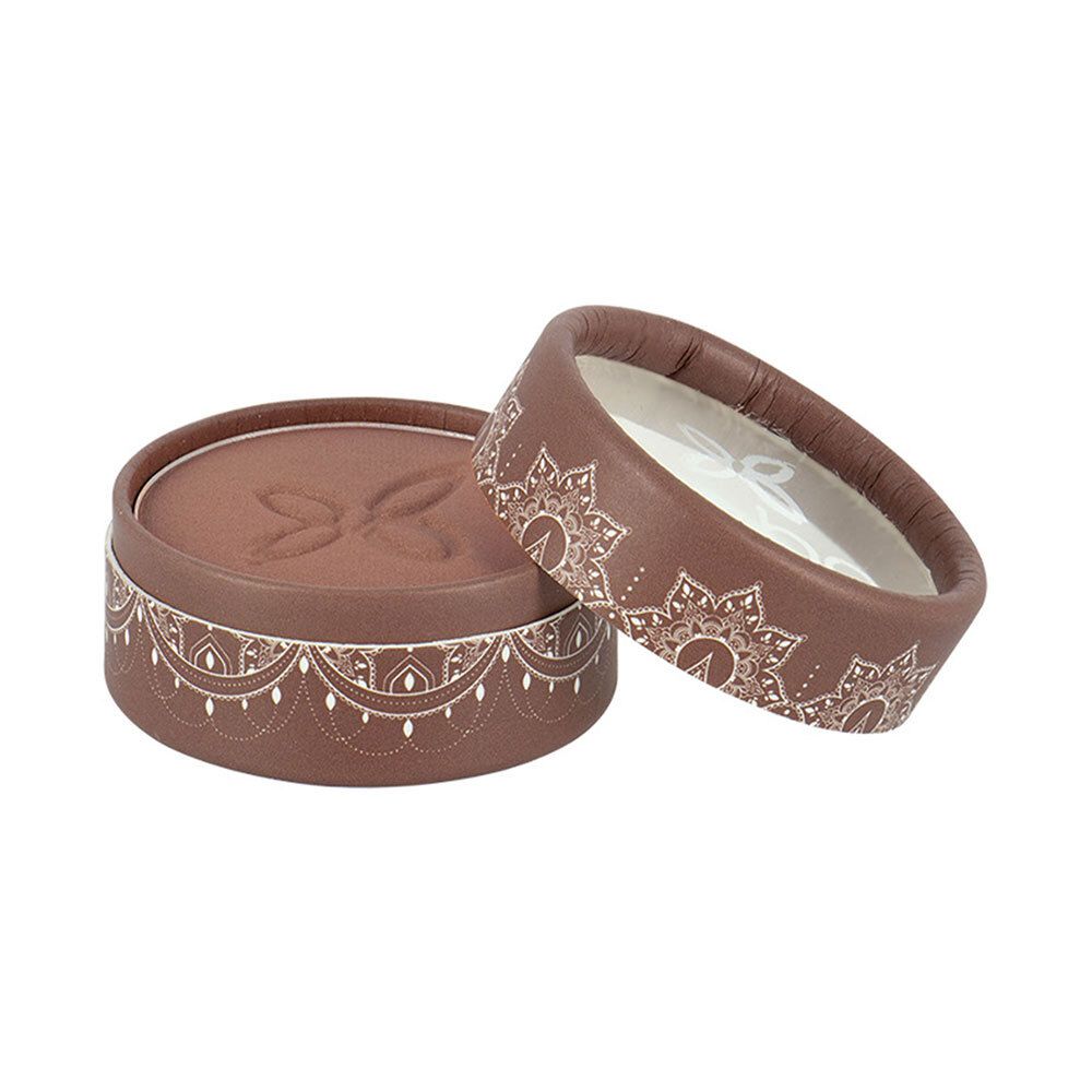 Ronde bruine doos met deksel. Witte patronen en logo. Open, oogschaduw zichtbaar.
