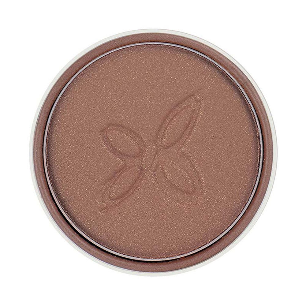 Ronde bruine oogschaduw in een houder. Reliëf logo. Witte rand.