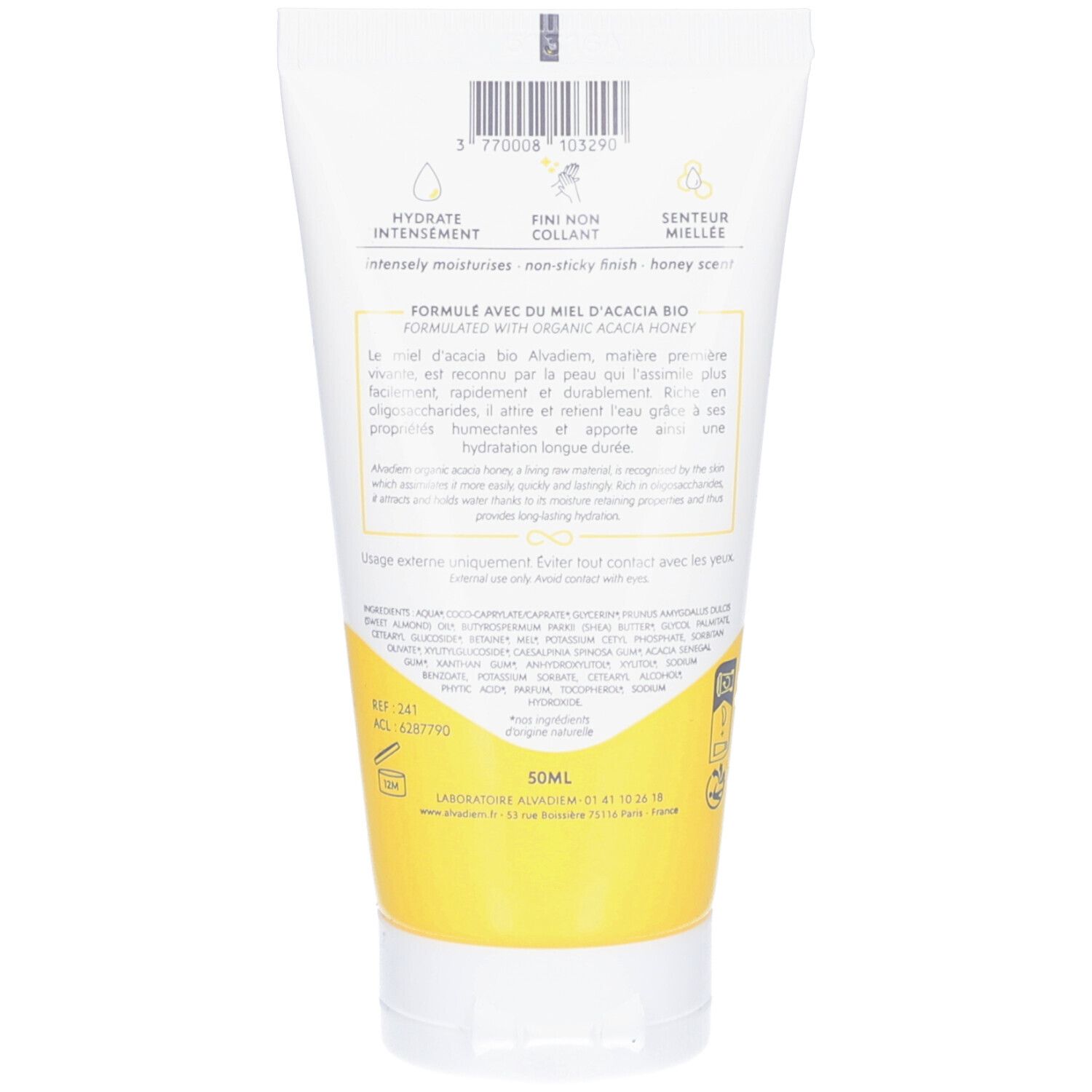 Achterkant van de tube. Tekst: Geformuleerd met biologische acaciahoning. Bevat 50ml. Informatie over ingrediënten en fabrikant.