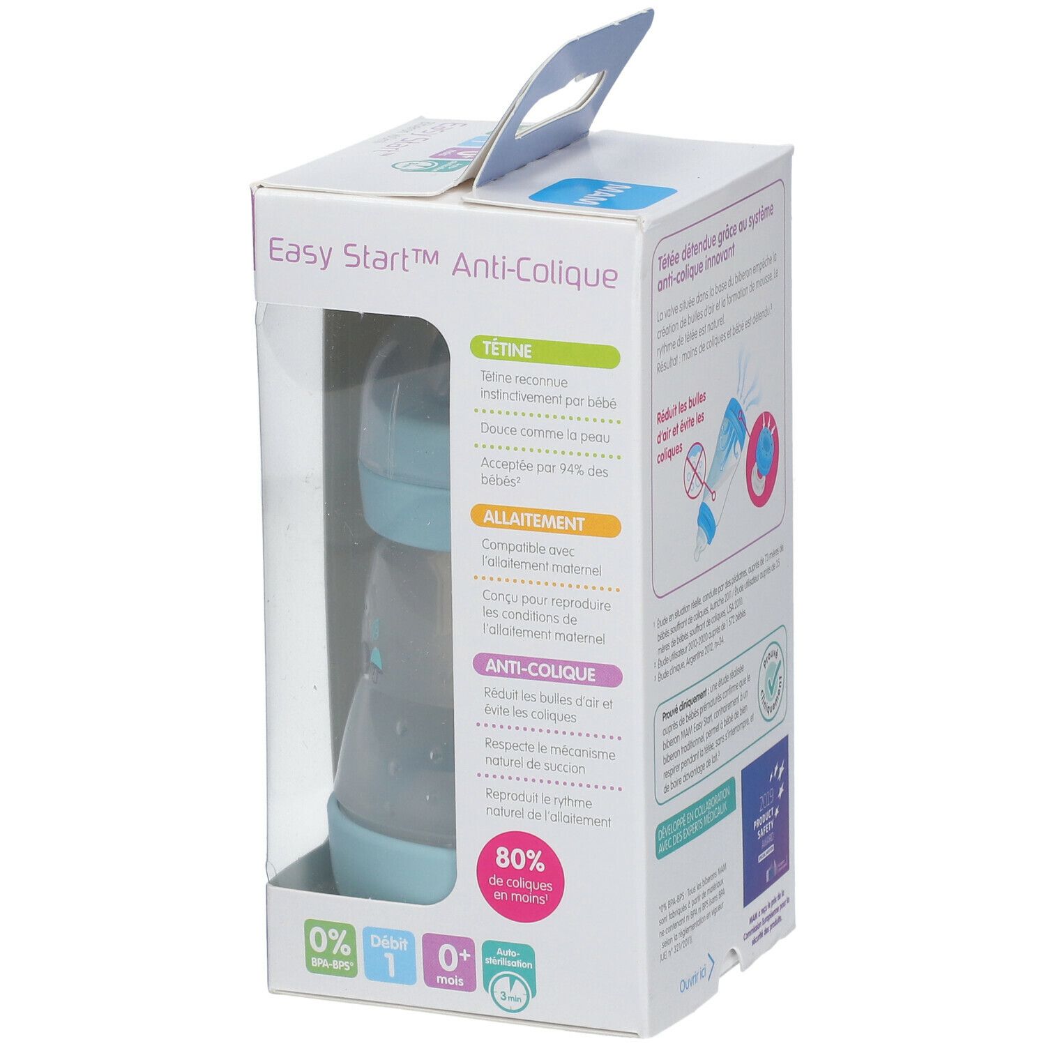 Biberon MAM Easy Start Anti-Colique dans son emballage. Biberon bleu clair visible. Emballage avec informations et graphiques.