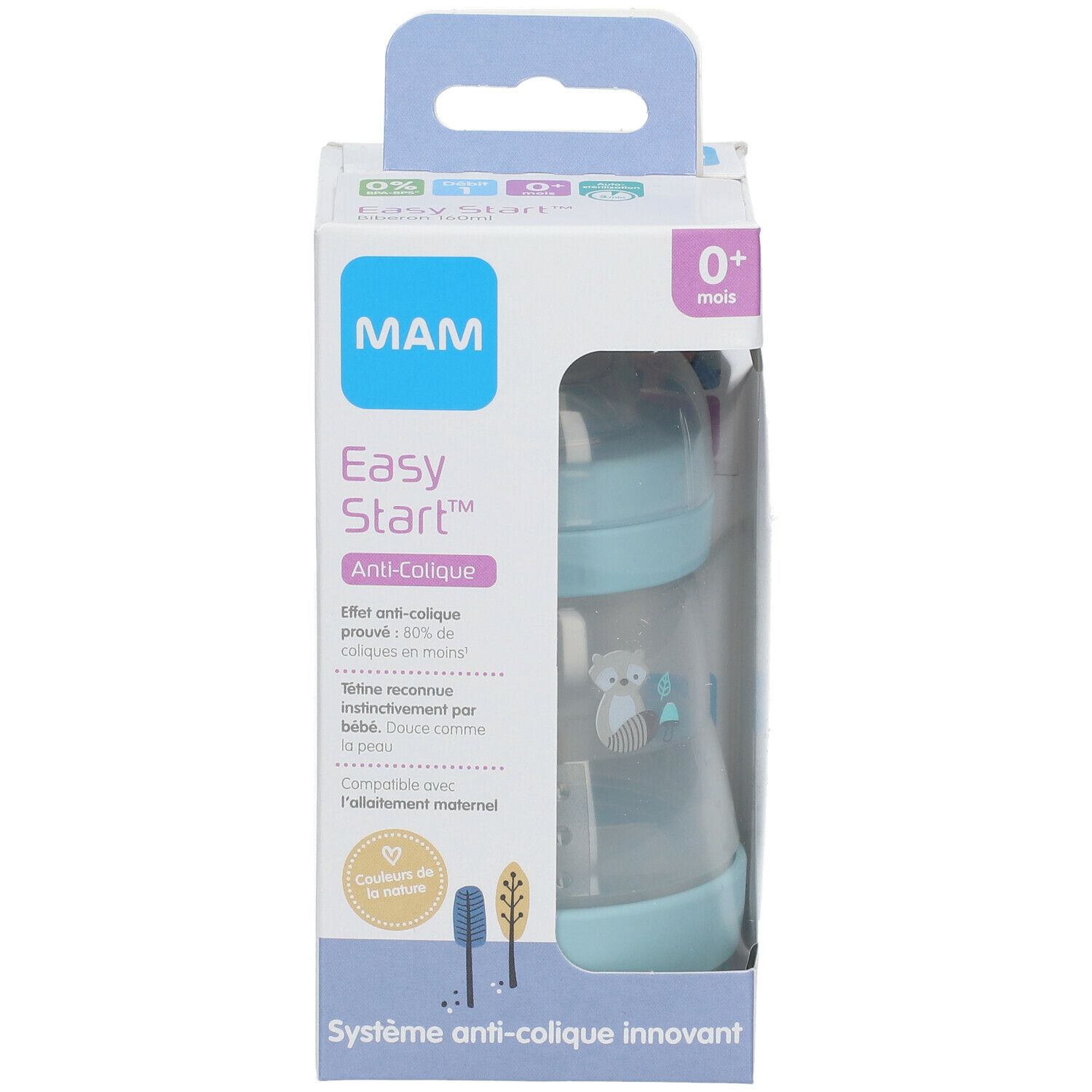 Deux biberons MAM Easy Start Anti-Colique dans leur emballage. Biberons bleu clair avec motif. Emballage avec informations.