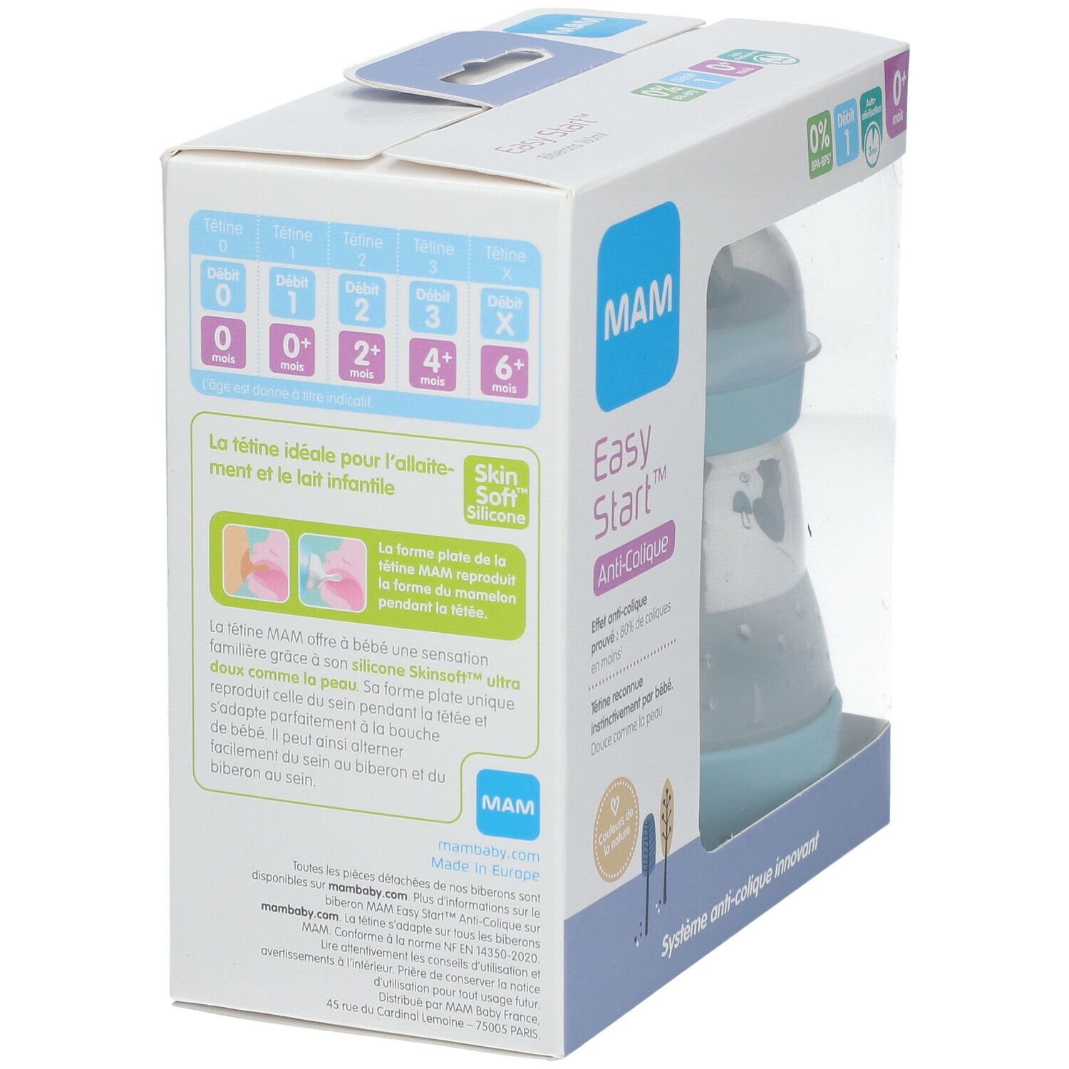 Emballage avec biberon. Biberon bleu clair dans la boîte. Logo MAM et inscription Easy Start Anti-Colique. Informations sur le biberon.