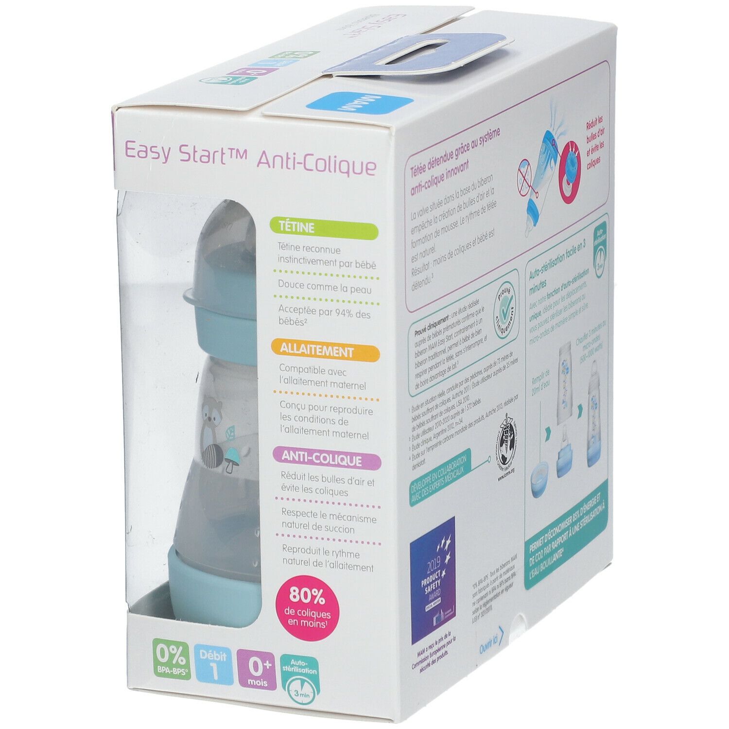 Emballage avec biberon. Biberon bleu clair dans la boîte. Logo MAM et inscription Easy Start Anti-Colique. Informations sur le biberon.