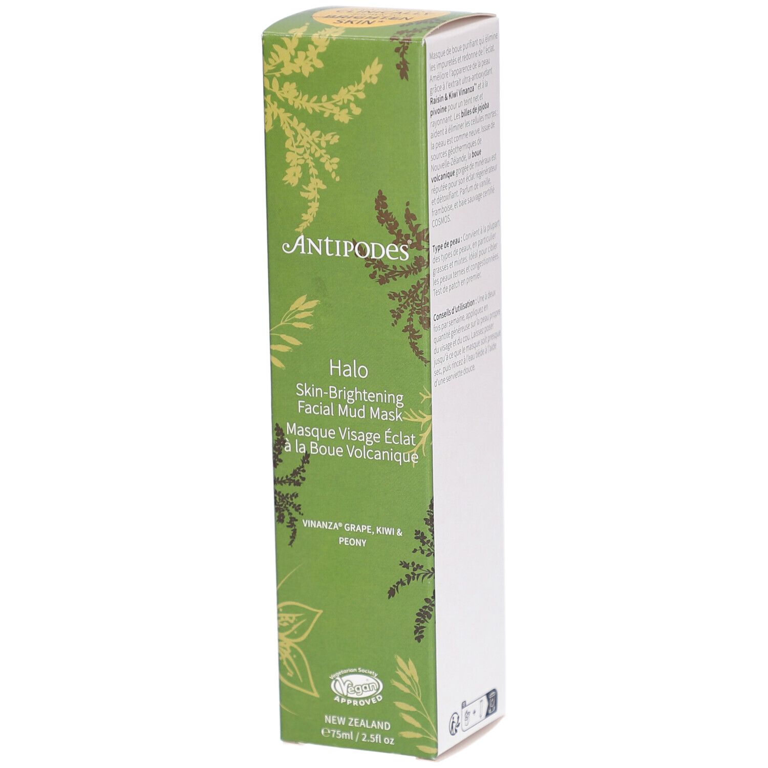 Groene doos met productinformatie. Opschrift: ANTIPODES, Halo Skin-Brightening Facial Mud Mask. Ingrediënten: Vinanza Grape, Kiwi & Peony.