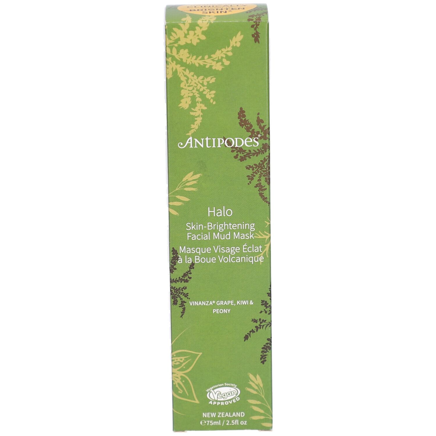 Groene doos met productinformatie. Opschrift: ANTIPODES, Halo Skin-Brightening Facial Mud Mask. Ingrediënten: Vinanza Grape, Kiwi & Peony.