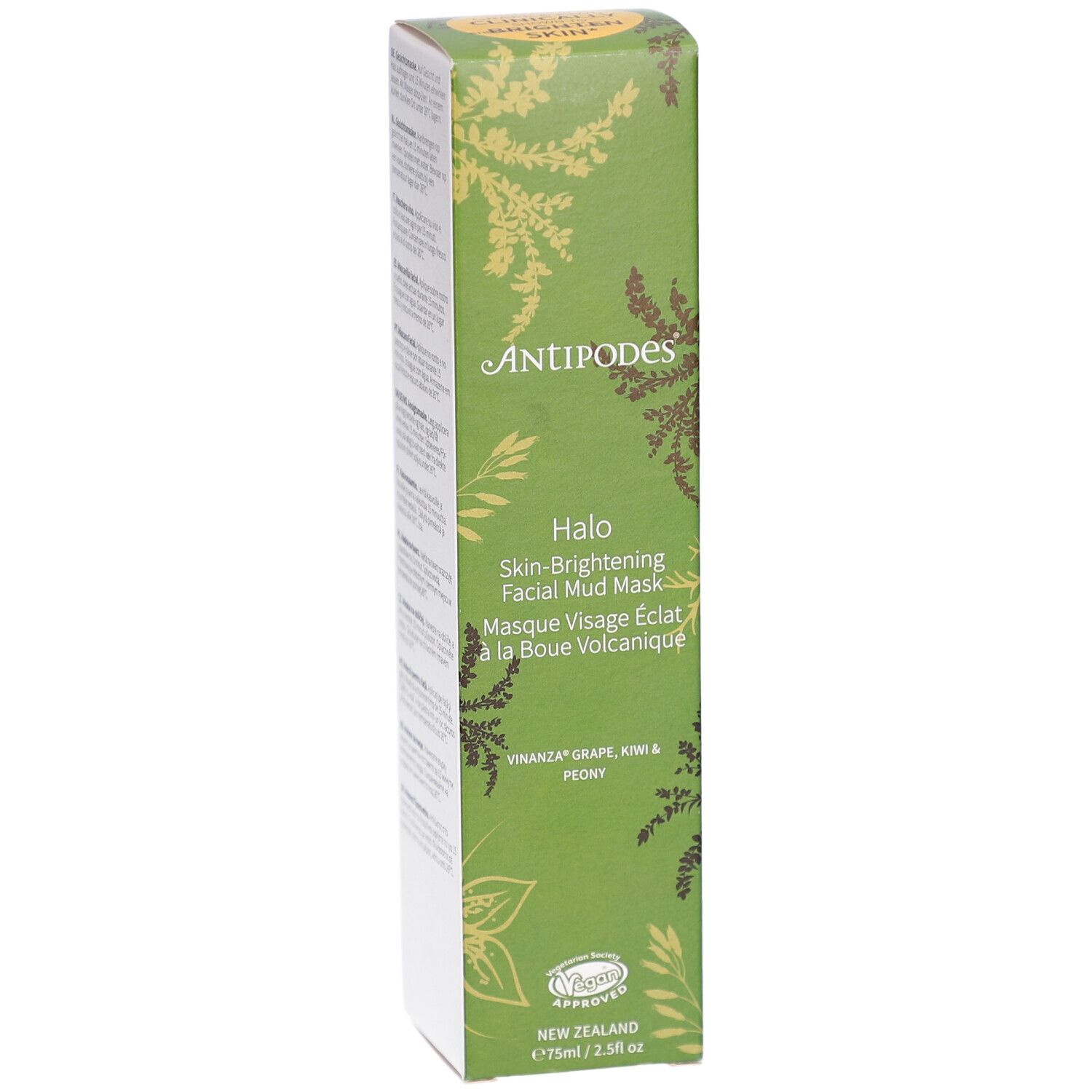 Groene doos met productinformatie. Opschrift: ANTIPODES, Halo Skin-Brightening Facial Mud Mask. Ingrediënten: Vinanza Grape, Kiwi & Peony.
