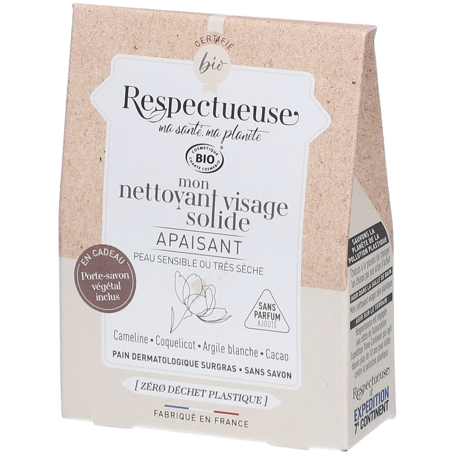 Verpakking van vaste gezichtsreiniger. Biologisch gecertificeerd. Bevat een plantaardige zeepbakje. Tekst: 'Peau sensible ou très sèche'.