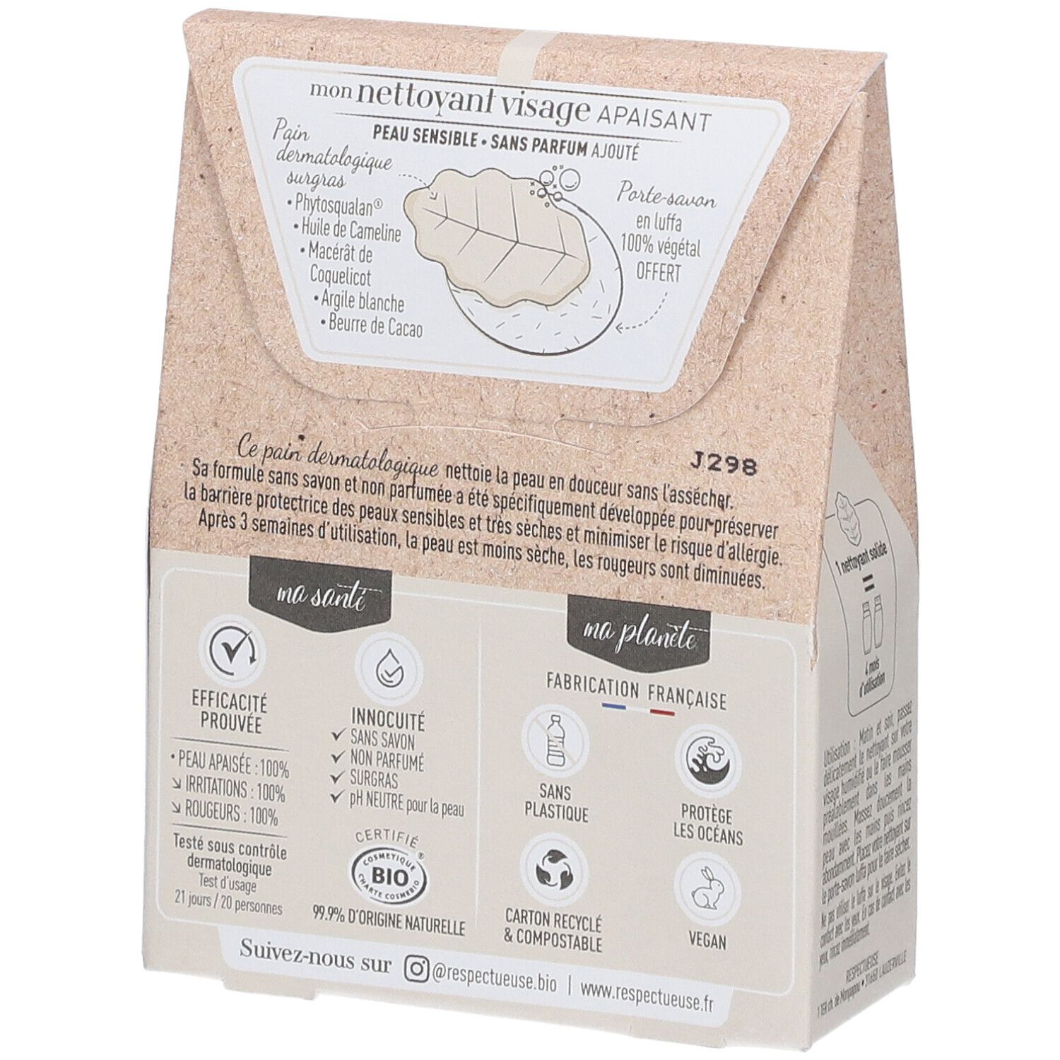 Achterkant van de verpakking van de vaste gezichtsreiniger. Tekst: 'Peau sensible - sans parfum ajouté'. Bevat een zeepbakje.