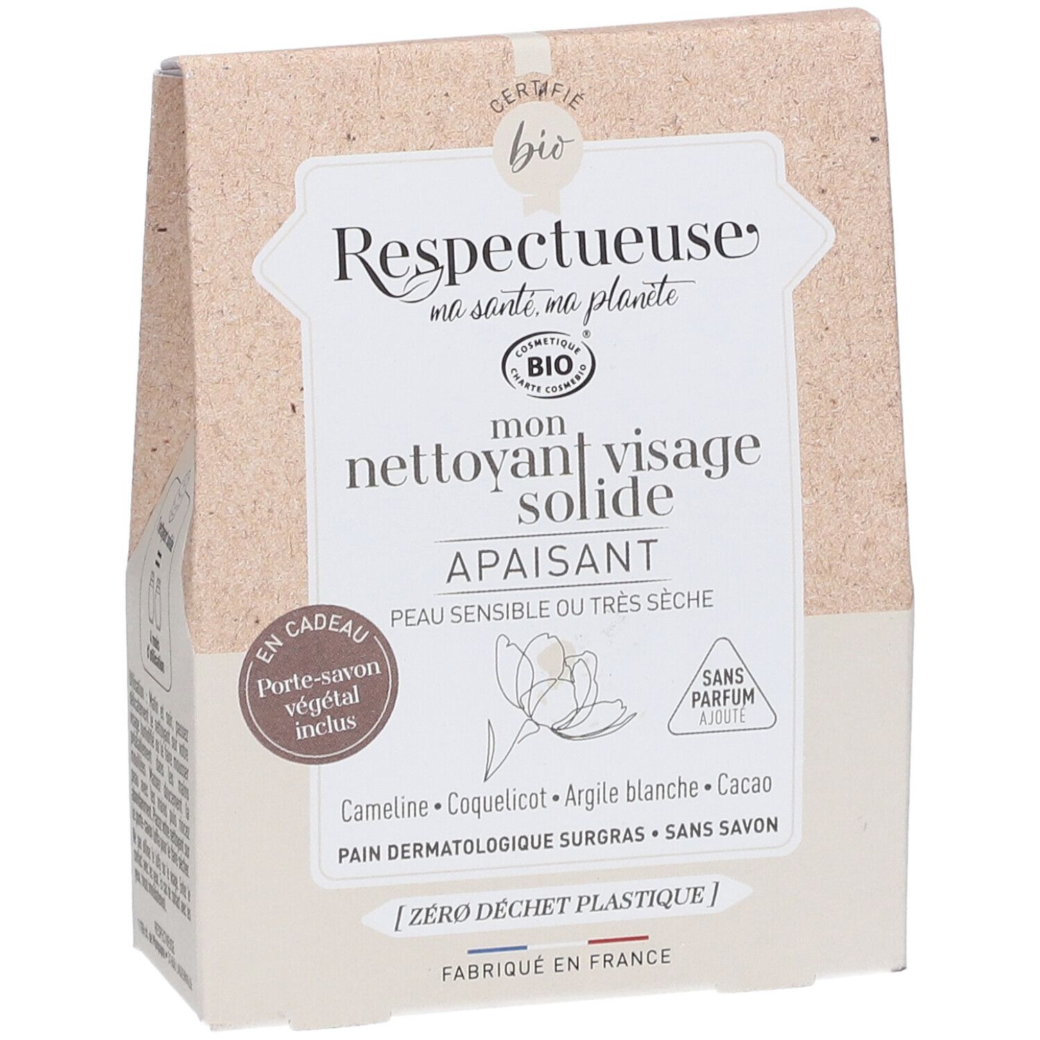 Verpakking van vaste gezichtsreiniger. Biologisch gecertificeerd. Bevat een plantaardige zeepbakje. Tekst: 'Peau sensible ou très sèche'.
