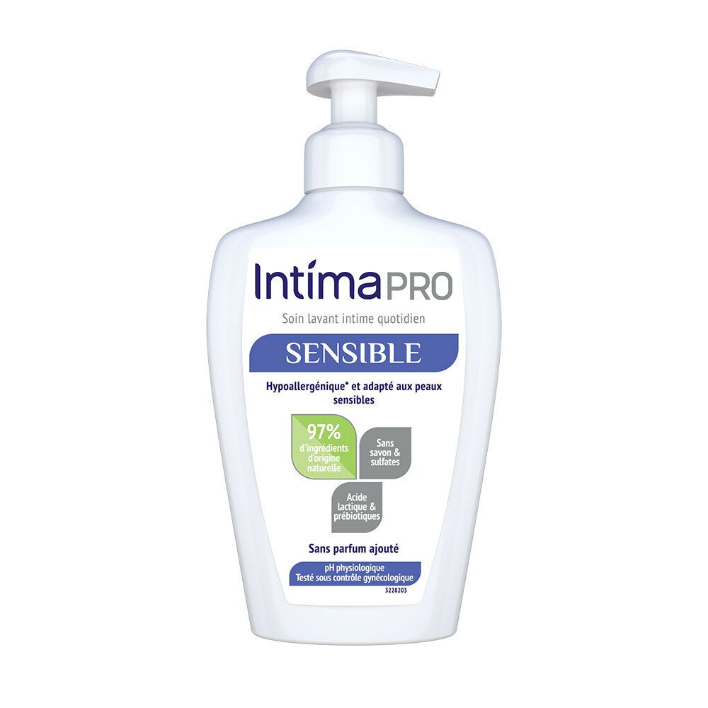 Witte fles met pomp. Opschrift: IntimaPRO SENSIBLE. Bevat 97% ingrediënten van natuurlijke oorsprong. Zonder zeep en sulfaten.