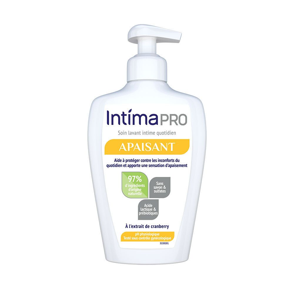 Witte fles IntimaPRO APAISANT. Soin lavant intime quotidien. 97% natuurlijke ingrediënten. Zonder zeep en sulfaten.