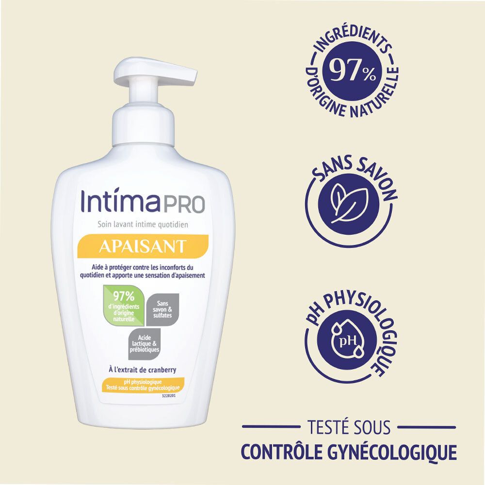 IntimaPRO fles met logo's: 97% natuurlijke ingrediënten, zonder zeep, fysiologische pH. Getest onder gynaecologisch toezicht.
