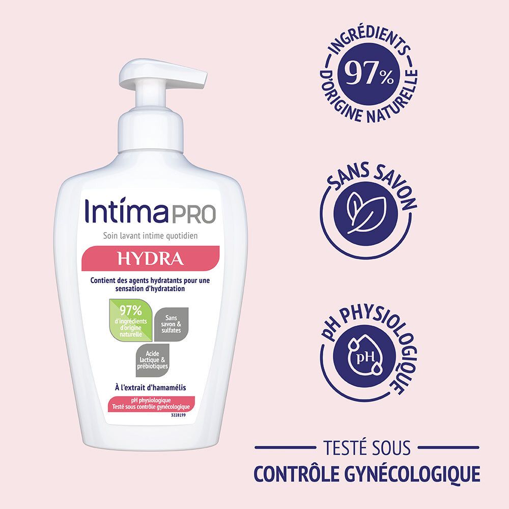 Flacon IntimaPRO HYDRA avec logos: 97% ingrédients naturels, sans savon, pH physiologique, testé sous contrôle gynécologique.