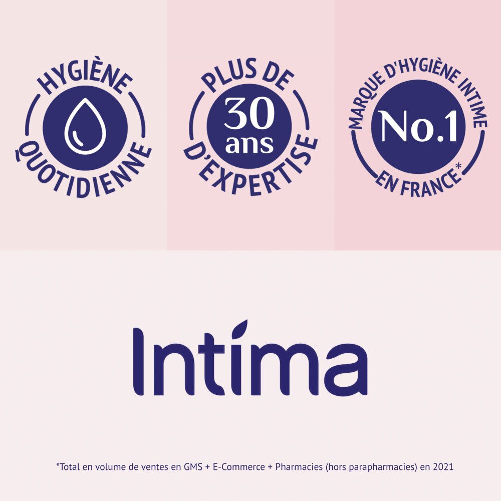 Logos: Hygiène quotidienne, plus de 30 ans d'expertise, marque d'hygiène intime n°1 en France. Logo Intima.