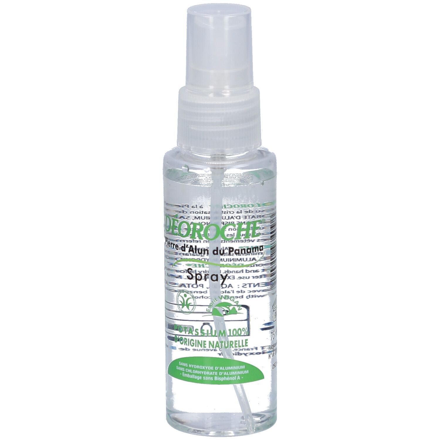 Transparante sprayfles met witte sproeikop. Opschrift: Déoroche Pierre d'Alun du Panama Spray. Groene etiketten.