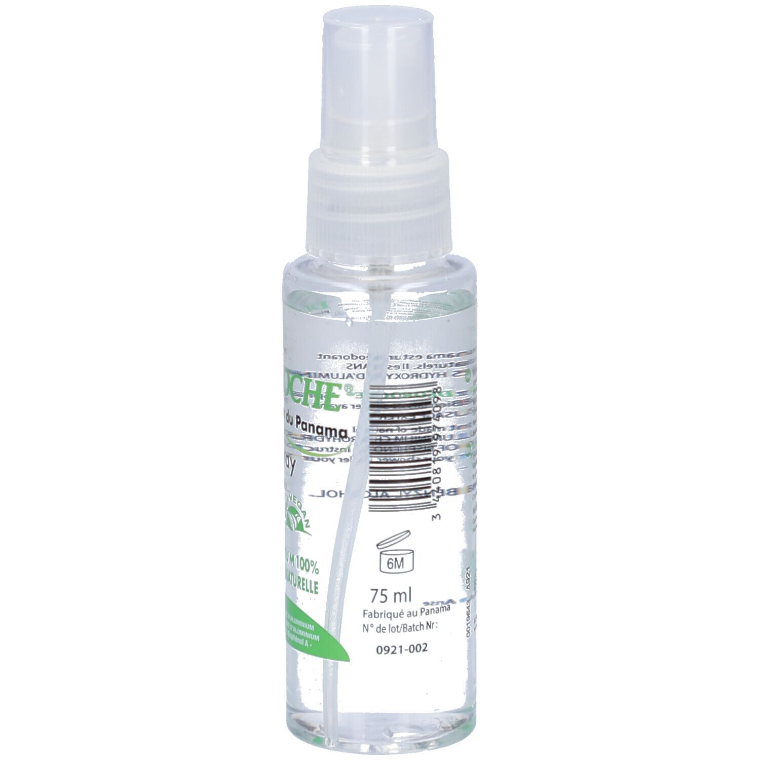 Transparante sprayfles met witte sproeikop. Opschrift: Déoroche Pierre d'Alun du Panama. 75 ml.