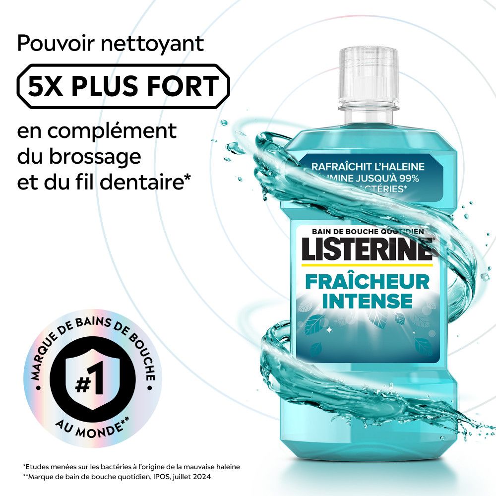 Listerine Fraîcheur Intense mondspoeling met watereffect. Tekst: "5X PLUS FORT". Logo: #1 au monde.