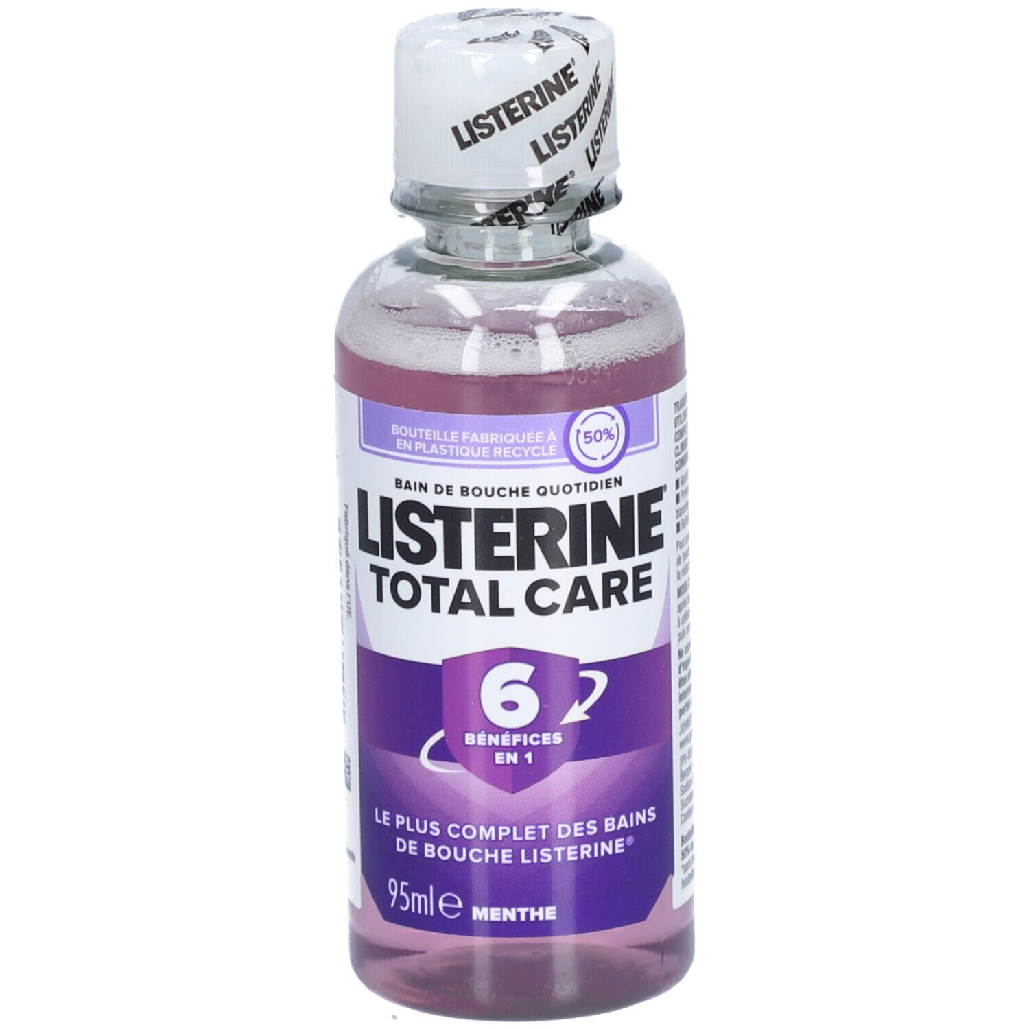 Mondspoelfles Listerine Total Care. 6 voordelen in 1. 95ml, Menthe. Paarse vloeistof, witte dop.