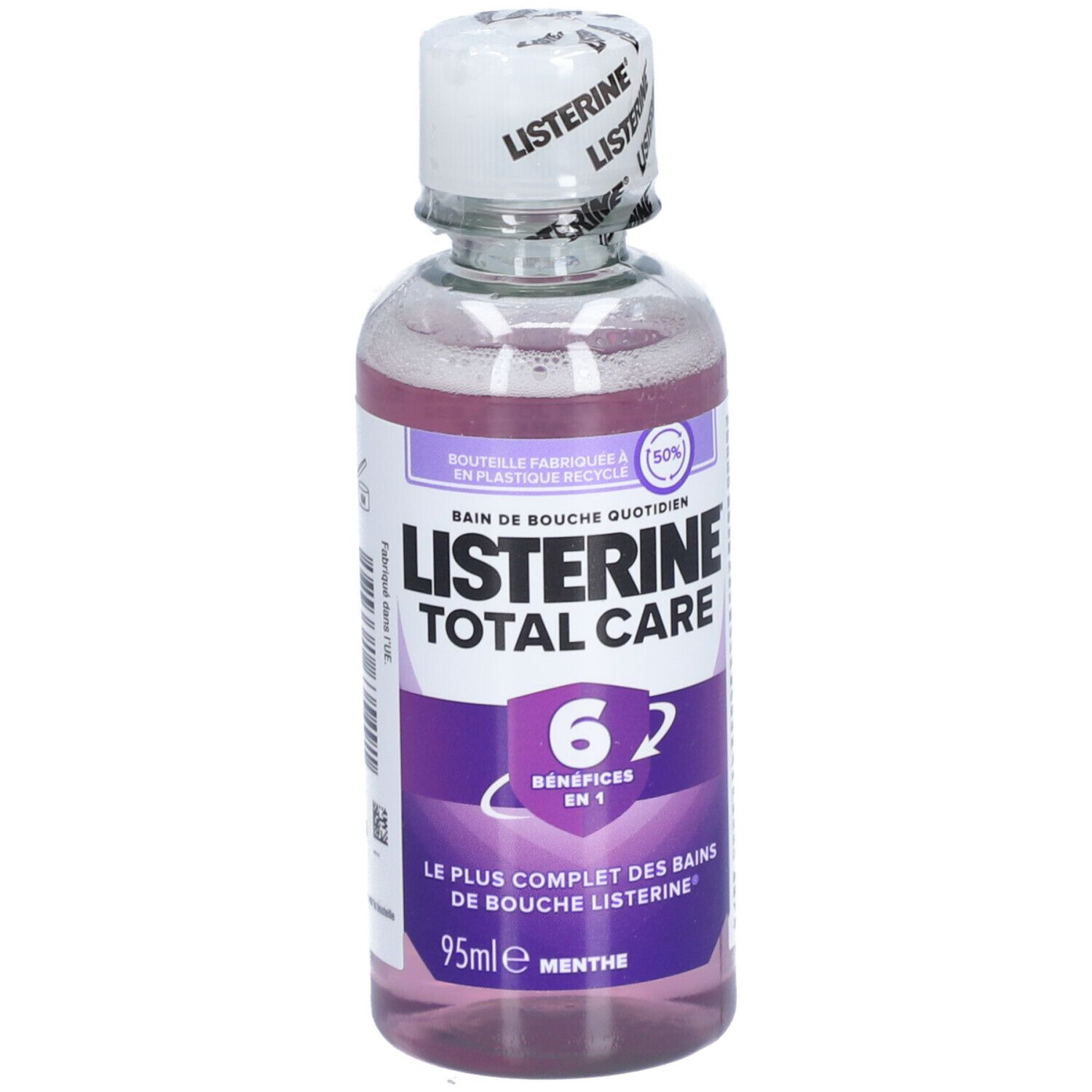 Mondspoelfles Listerine Total Care. 6 voordelen in 1. 95ml, Menthe. Paarse vloeistof, witte dop.