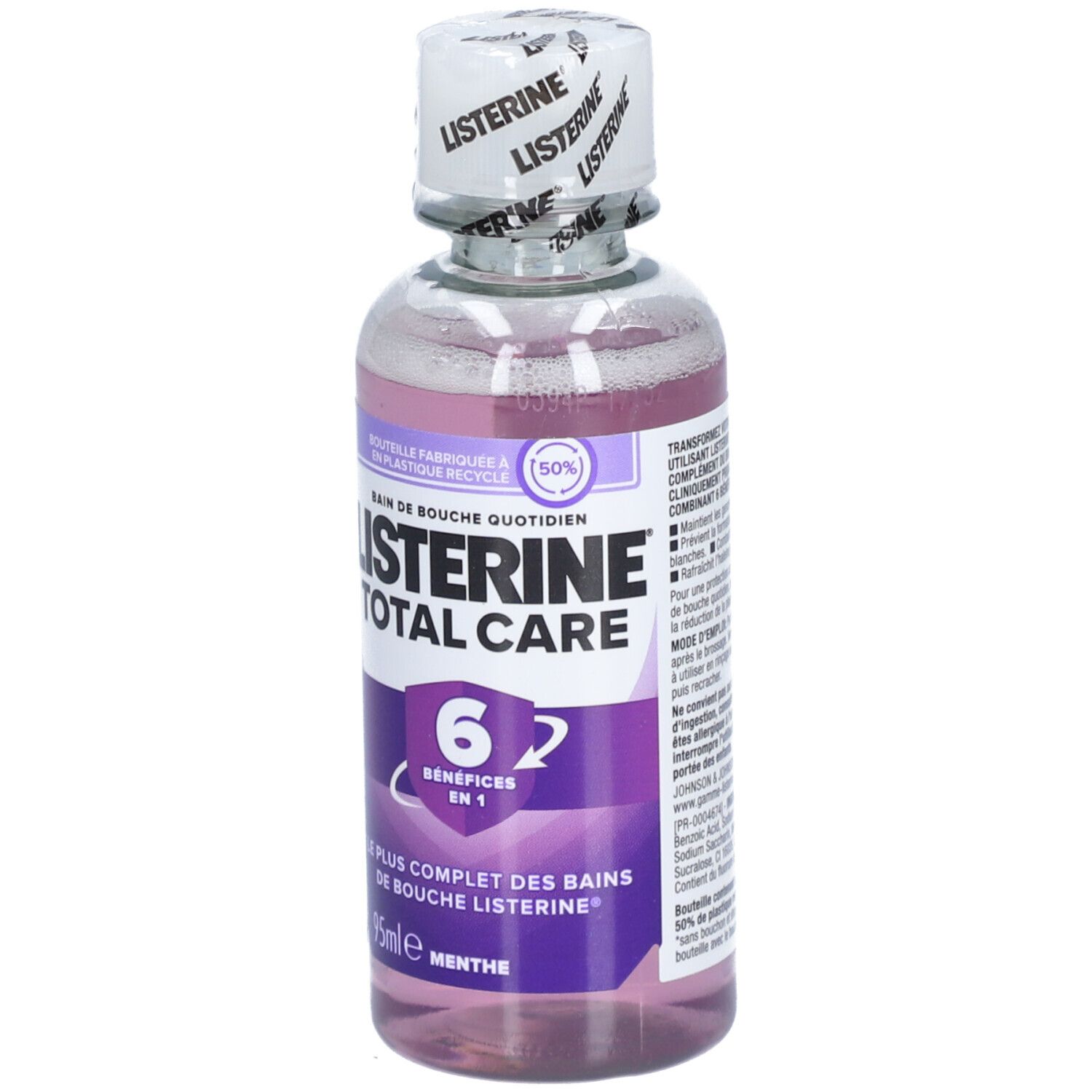 Mondspoelfles Listerine Total Care. 6 voordelen in 1. 95ml, Menthe. Paarse vloeistof, witte dop.