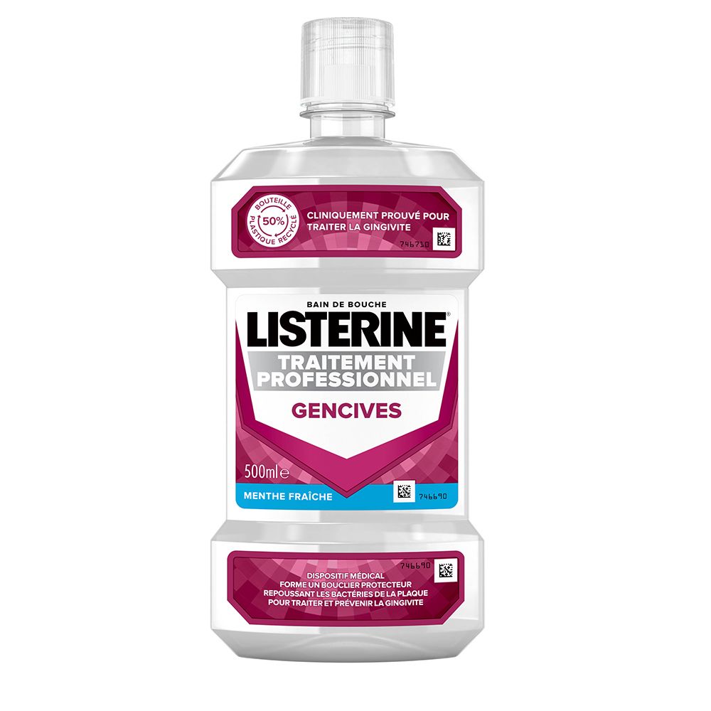 Mondspoeling in een transparante fles. Etiket met productnaam en informatie. Roze en witte accenten.