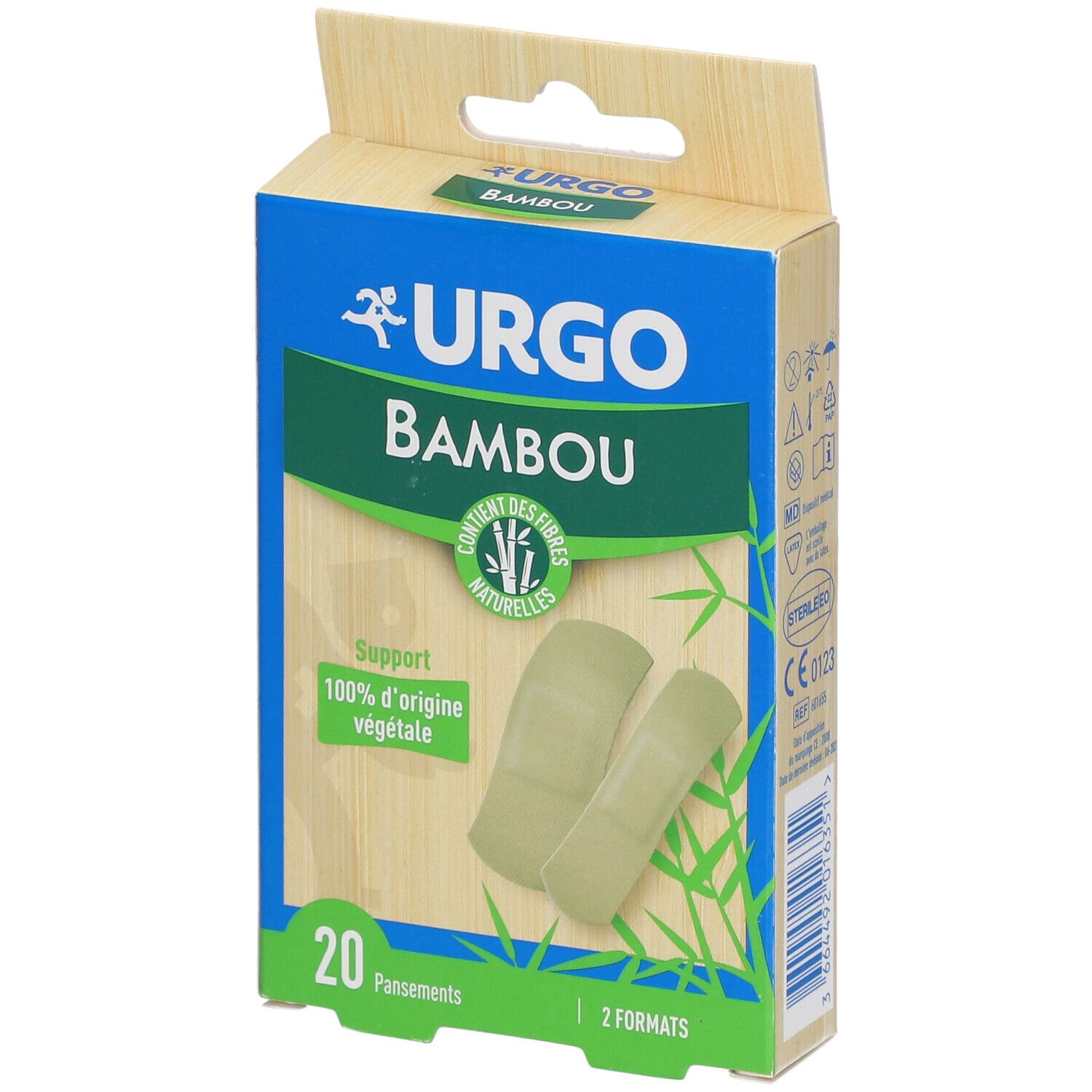 Boîte de pansements URGO Bambou. 20 pansements, 2 formats. Support 100% d'origine végétale. Vert et beige.