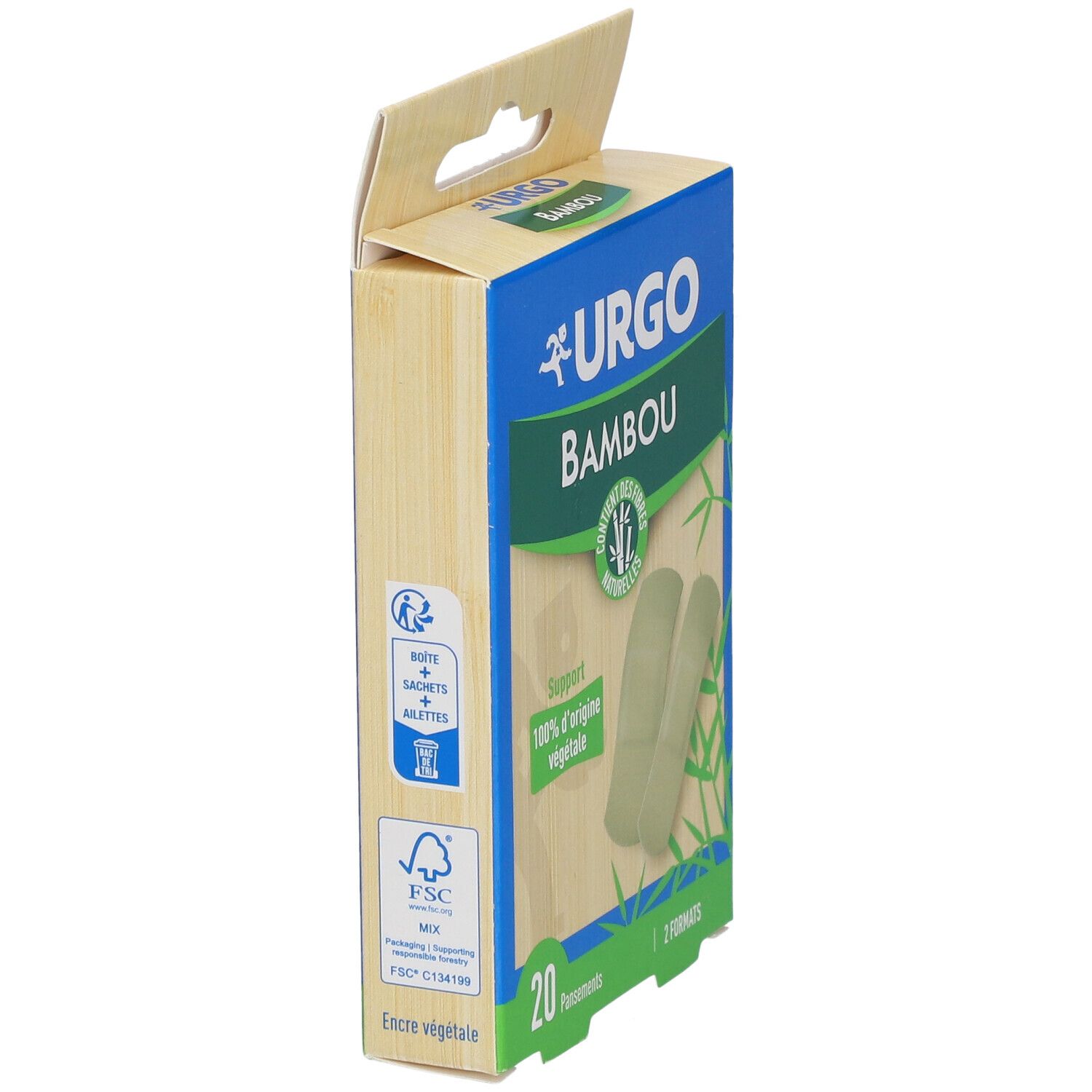 Boîte de pansements URGO Bambou. 20 pansements. Certification FSC. Vert et beige. Support végétal.
