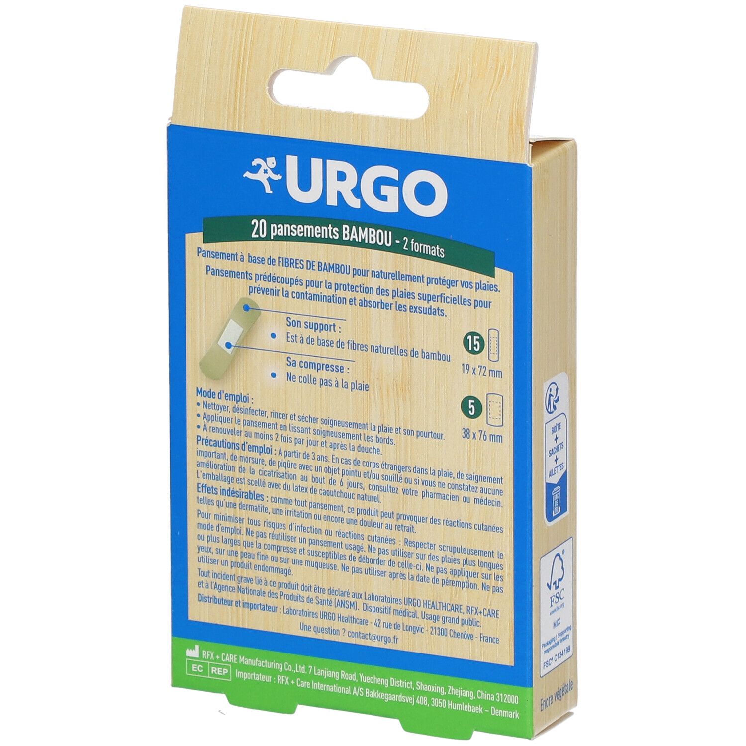 Dos de la boîte URGO Bambou. 20 pansements, 2 formats. Informations tailles. Mode d'emploi.