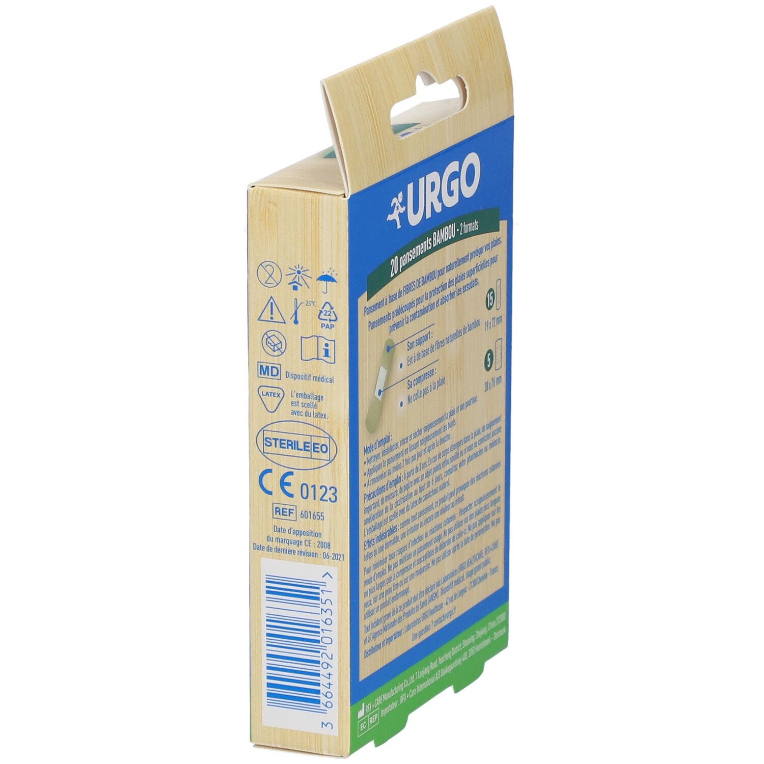 Côté de la boîte URGO Bambou. 20 pansements. Stérile. Marquage CE. Code-barres.