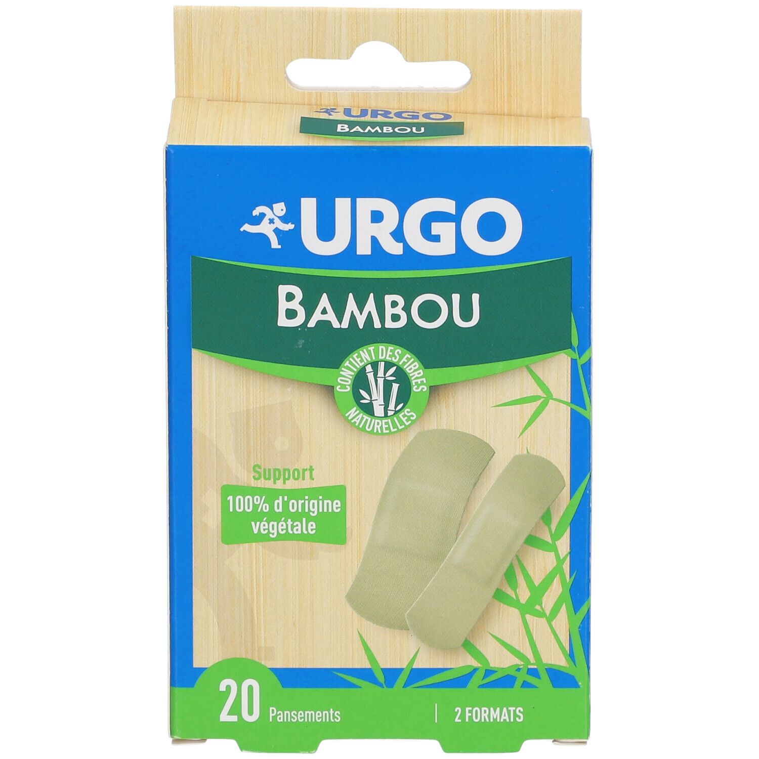 Boîte de pansements URGO Bambou. 20 pansements, 2 formats. Support 100% d'origine végétale. Vert et beige.