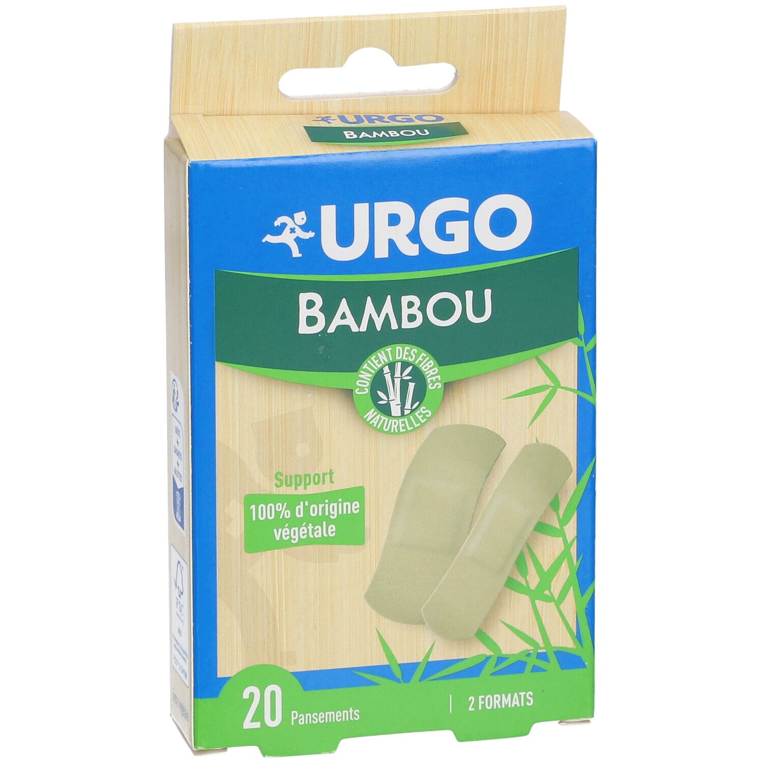 Boîte de pansements URGO Bambou. 20 pansements, 2 formats. Support 100% d'origine végétale. Vert et beige.
