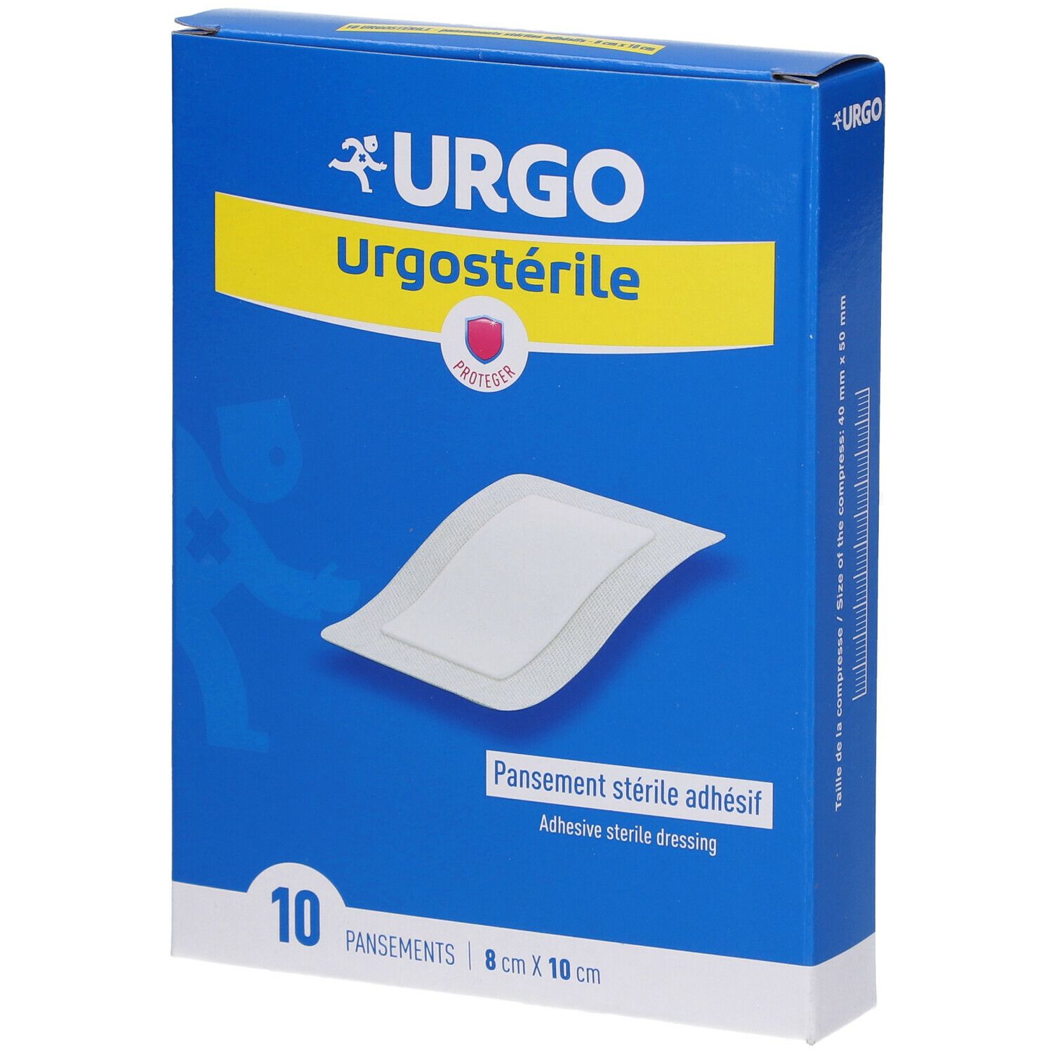 Blauwe doos Urgo Urgostérile. 10 steriele zelfklevende verbanden, 8 cm x 10 cm. Opschrift: PROTECT.