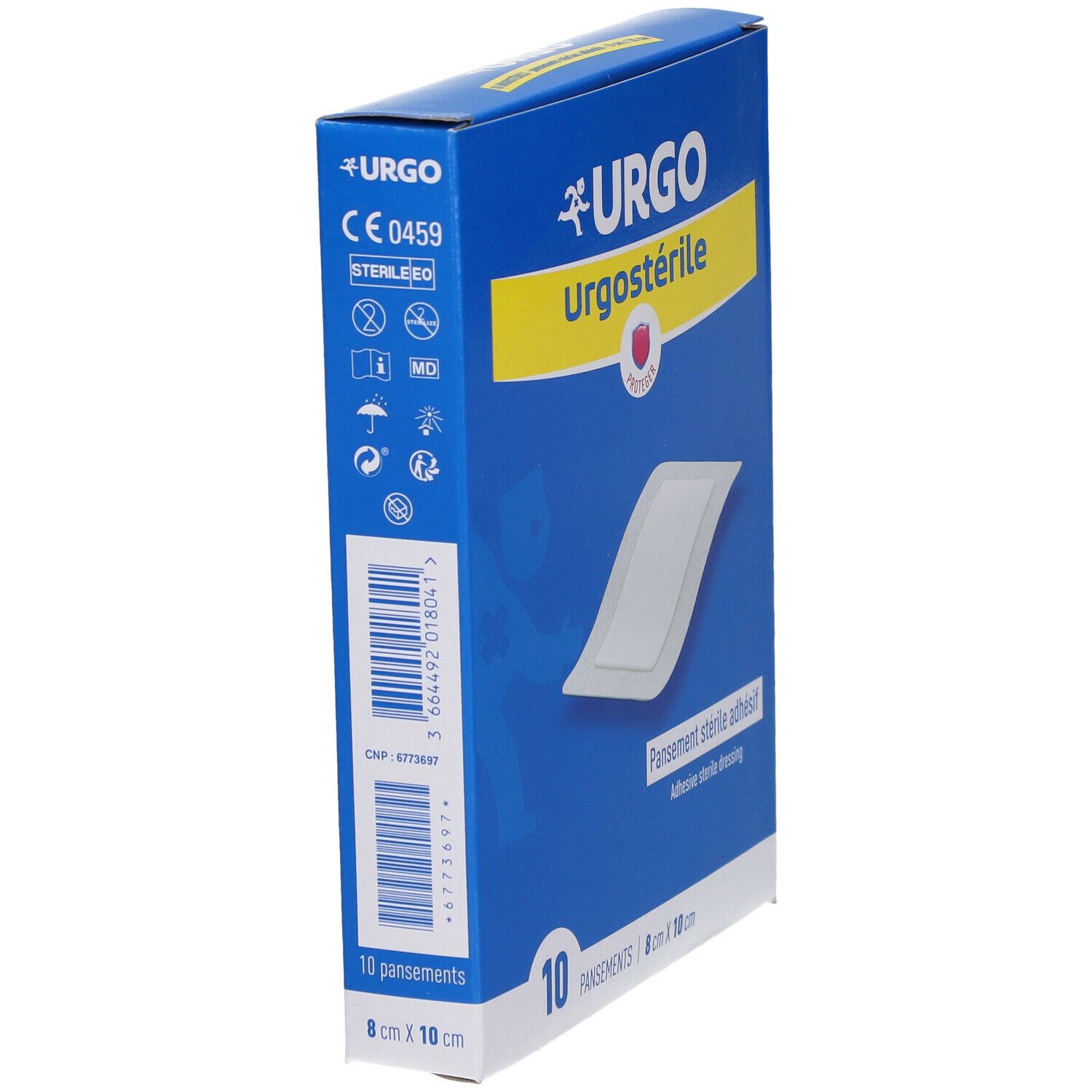 Blauwe doos Urgo Urgostérile. 10 steriele verbanden. Opschriften: CE 0459, Steriel, 8 cm x 10 cm. Barcode en symbolen.