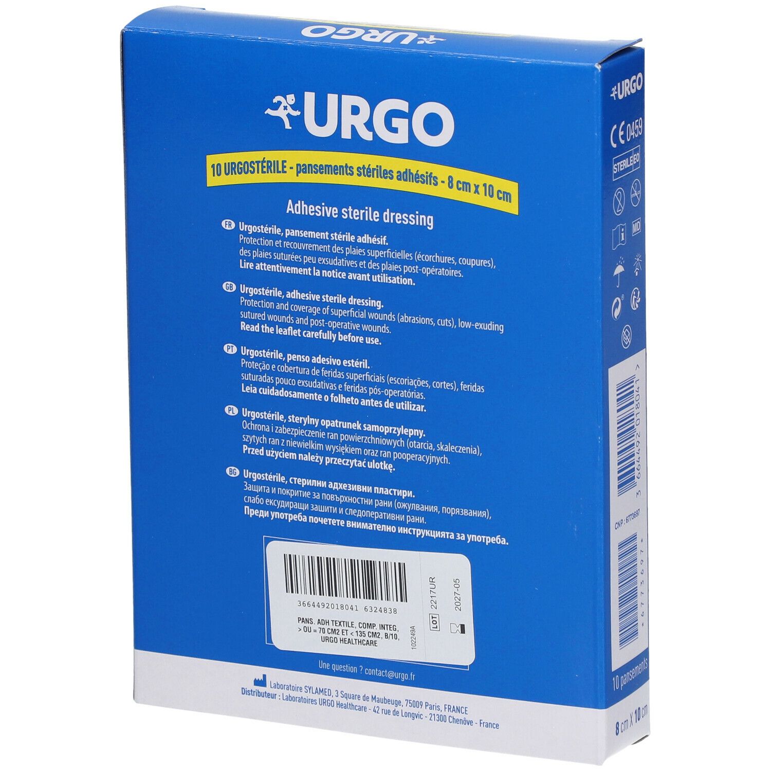 Achterkant van de blauwe doos Urgo Urgostérile. Meertalige tekst. Barcode en fabrikant informatie.