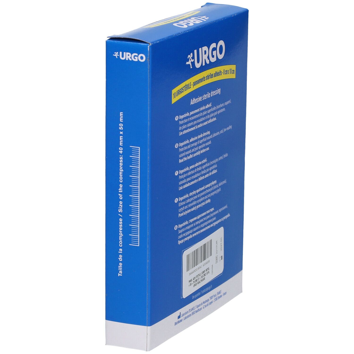 Zijkant van de blauwe doos Urgo Urgostérile. Maataanduiding: 40 mm x 50 mm. Barcode en informatie.