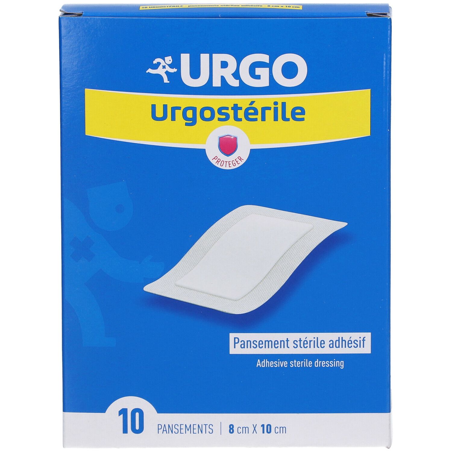 Blauwe doos Urgo Urgostérile. 10 steriele zelfklevende verbanden, 8 cm x 10 cm. Opschrift: PROTECT.