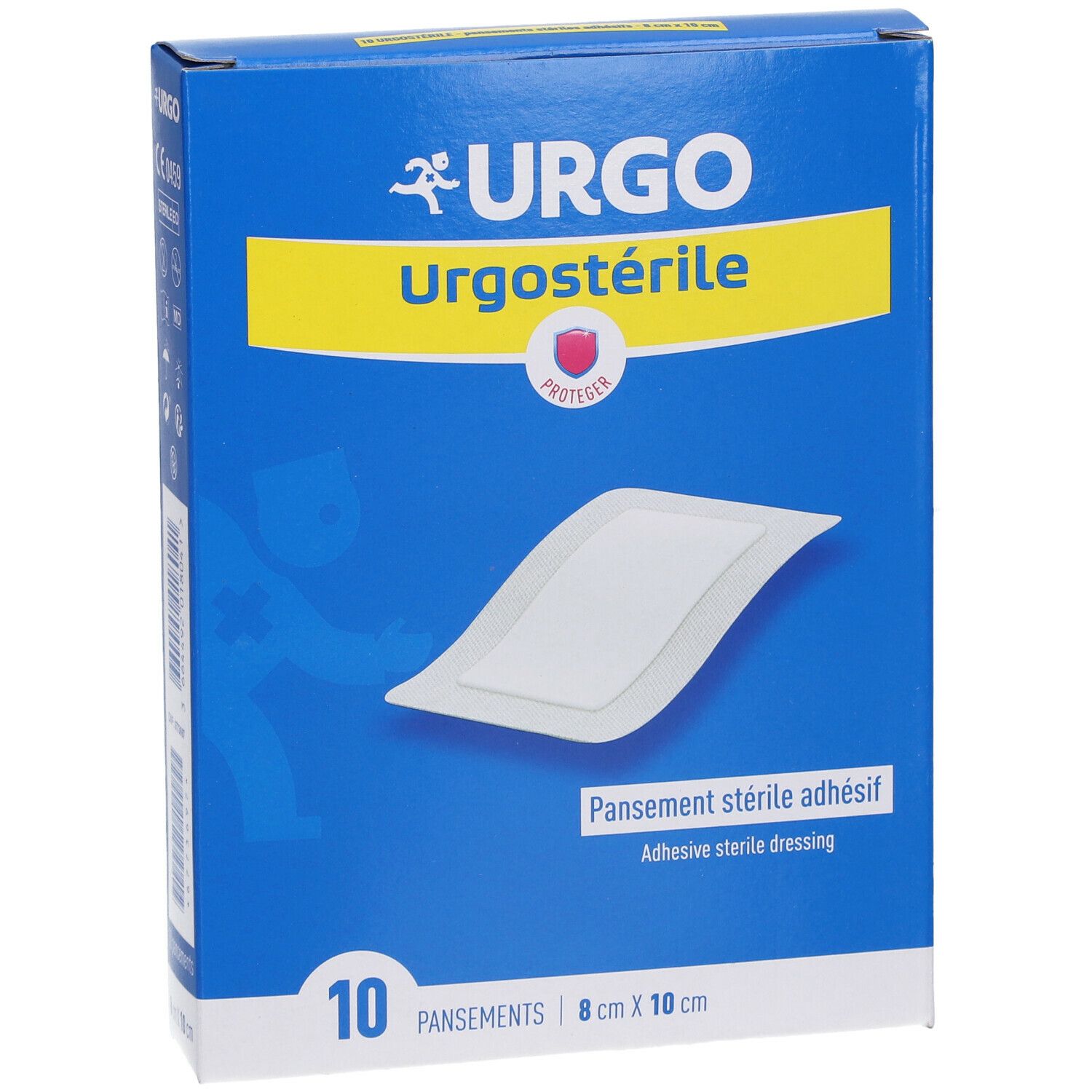 Blauwe doos Urgo Urgostérile. 10 steriele zelfklevende verbanden, 8 cm x 10 cm. Opschrift: PROTECT.
