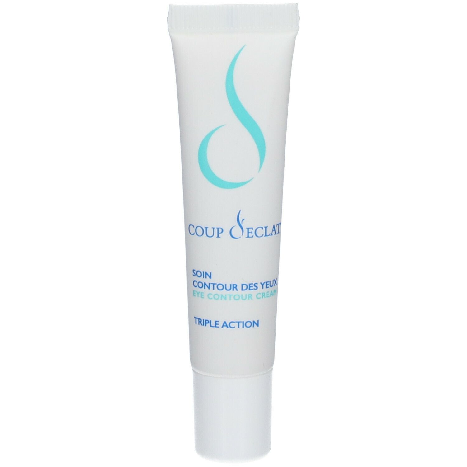 Tube blanc avec logo bleu et texte. Nom du produit: Coup d'éclat® Augenkonturpflege. Texte: Eye Contour Cream, Triple Action.