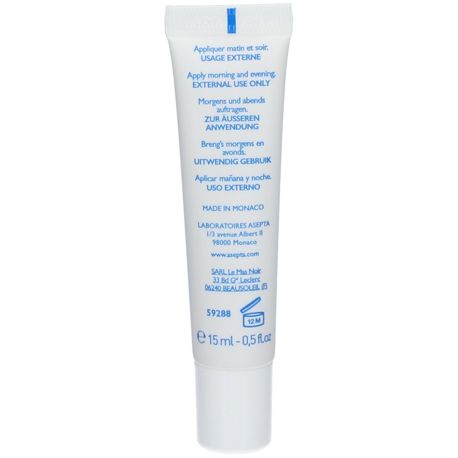 Dos du tube. Texte: Mode d'emploi, ingrédients, informations fabricant. Volume: 15 ml.
