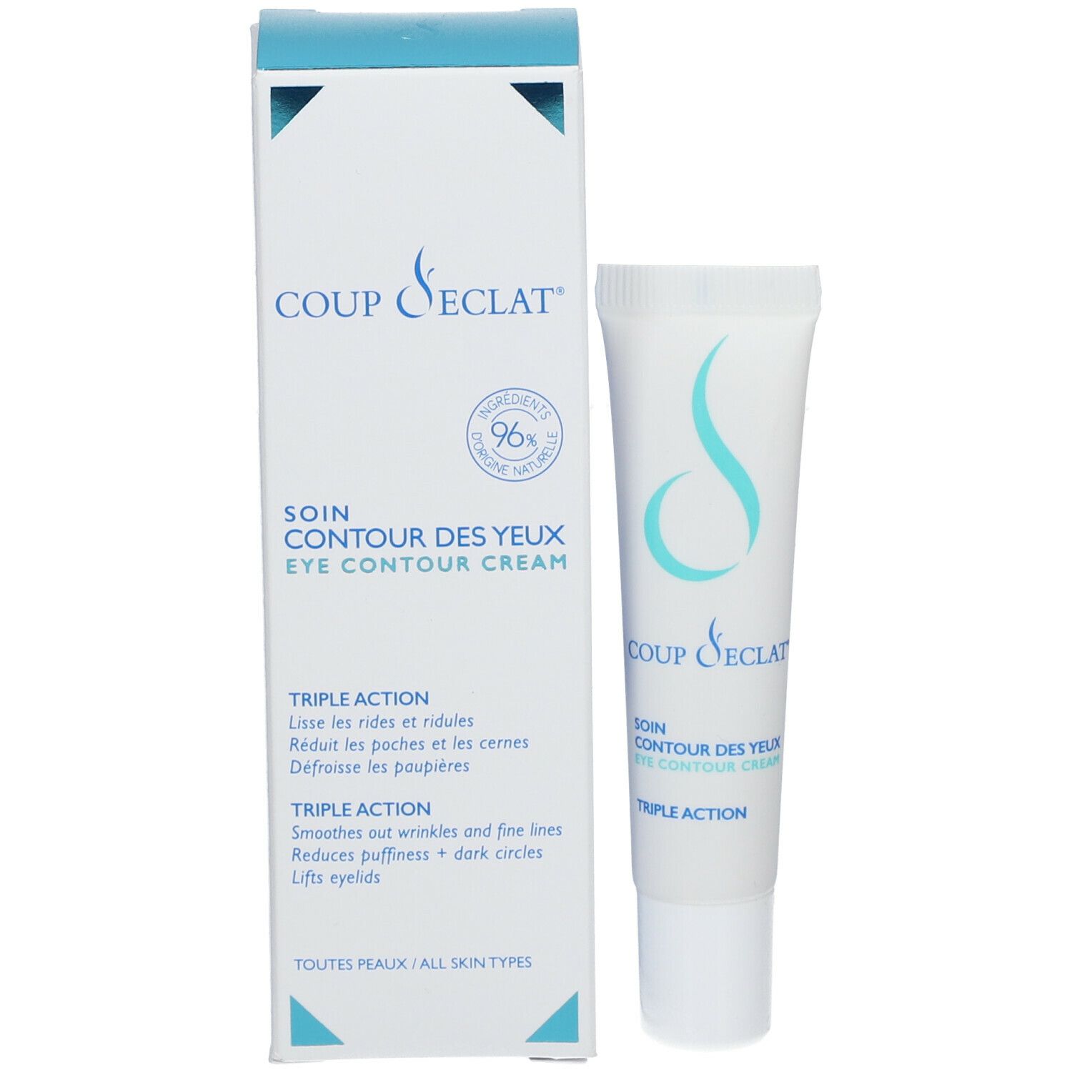 Produit et emballage. Tube et boîte blancs avec logo et texte bleus. Nom du produit: Coup d'éclat® Augenkonturpflege.