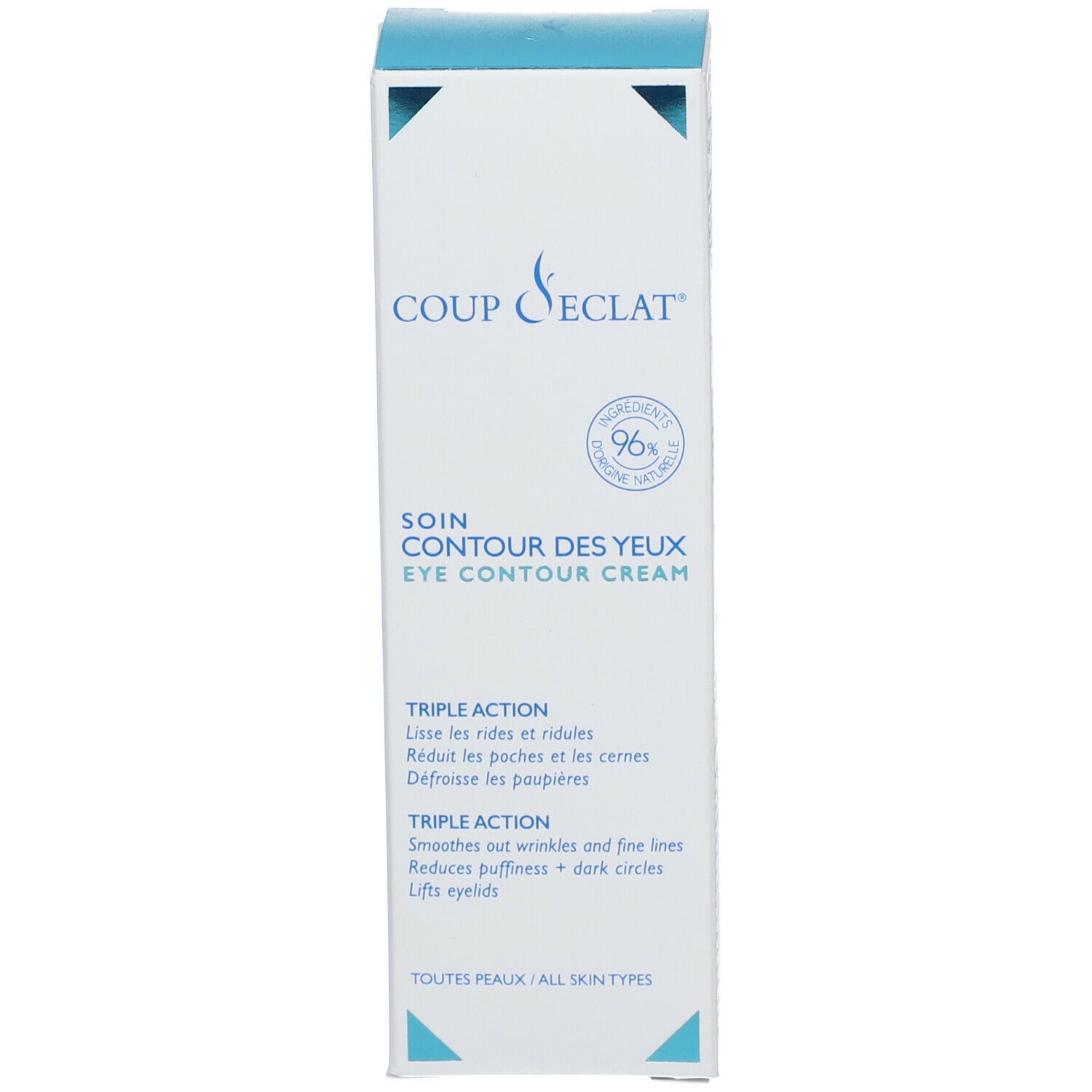Boîte blanche avec logo et texte bleus. Nom du produit: Coup d'éclat® Augenkonturpflege. Texte: Eye Contour Cream, Triple Action.