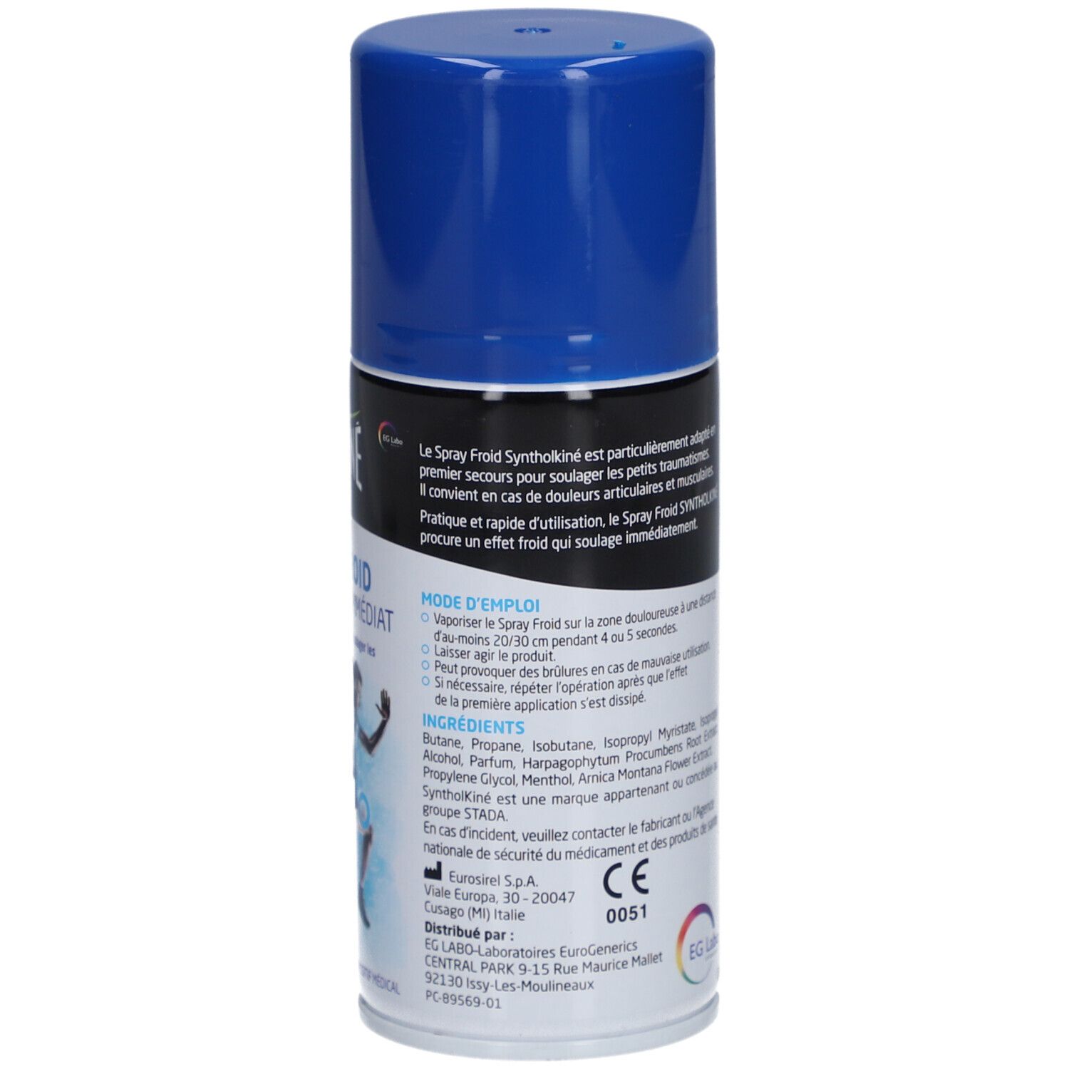 Aërosolspray met blauwe dop. Opschrift: SyntholKine Spray Froid. Afbeelding van een sporter met blauwe cirkels.