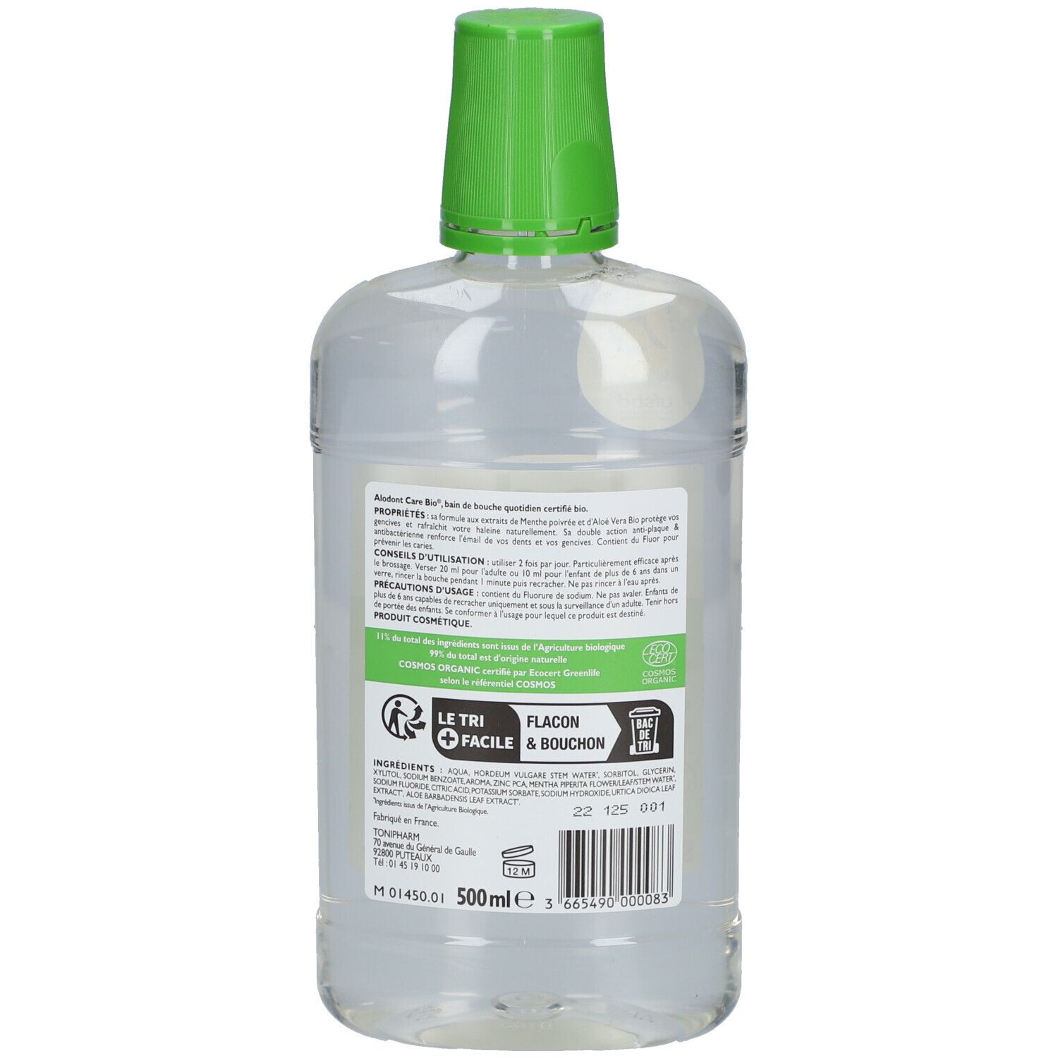 Achterkant van de fles. Etiket met productinformatie, ingrediënten en gebruiksaanwijzing. 500ml.