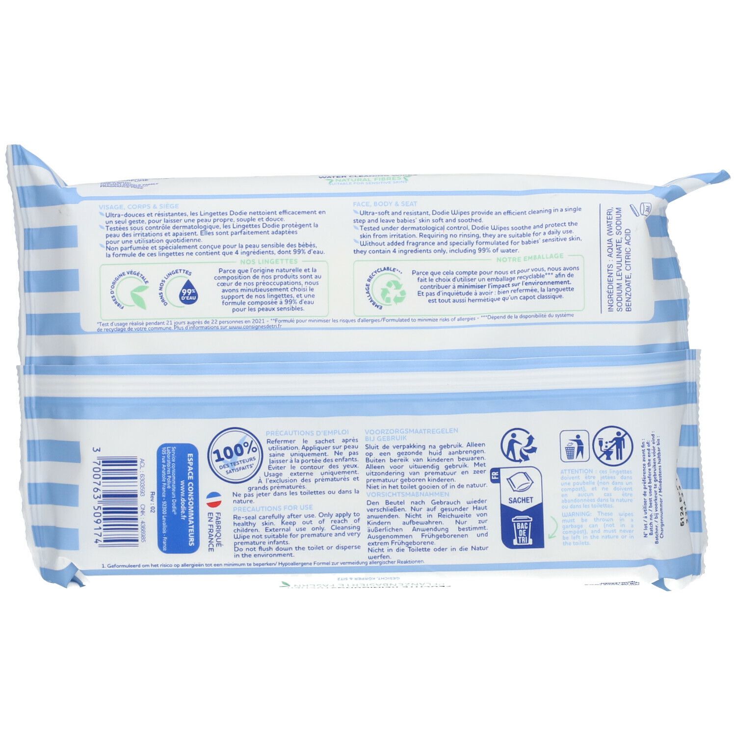 dodie® Lingettes Nettoyantes Bébé à l'eau 3 en 1