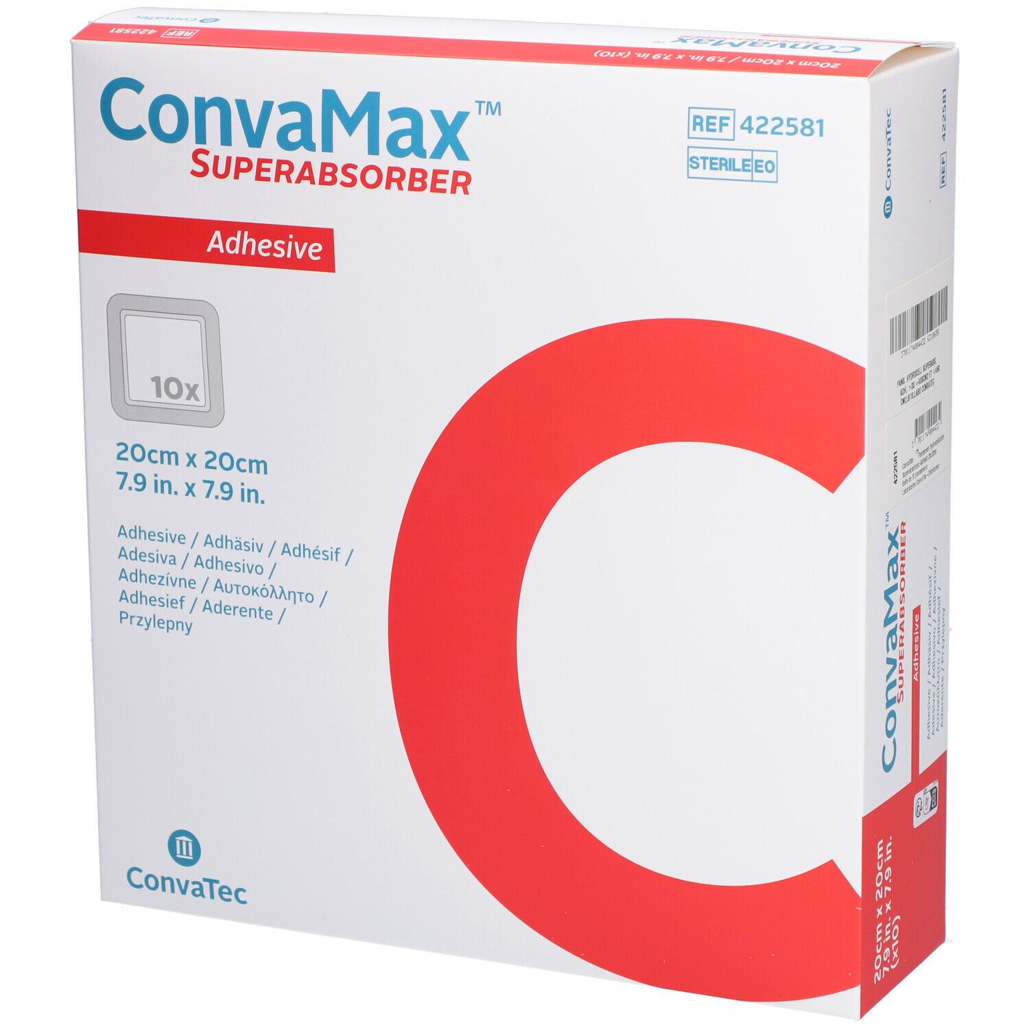 Verpakking CONVAMAX Superabsorber Adhesive. 20x20 cm. 10 stuks. Rode C. Witte achtergrond.